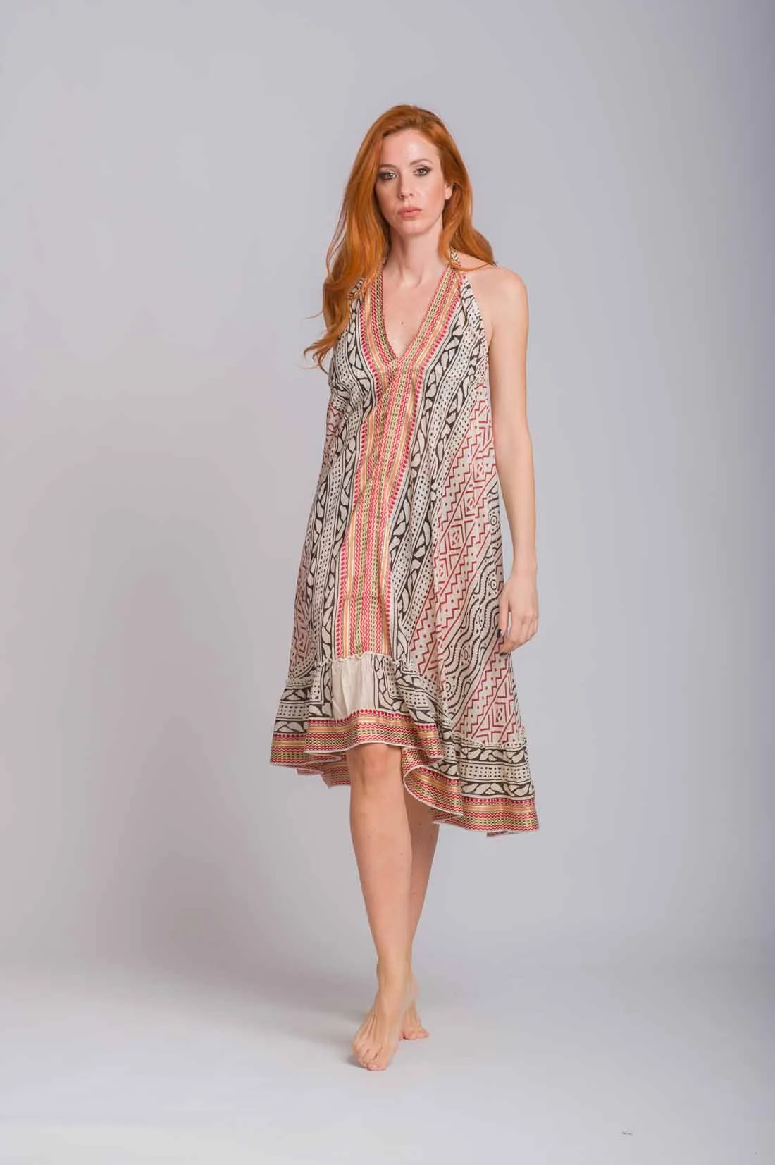 Μπέζ boho φορεμα βαμβακερο με δεσιματα - φόρεμα παραλίας για καλοκαιρινές resort εμφανίσεις