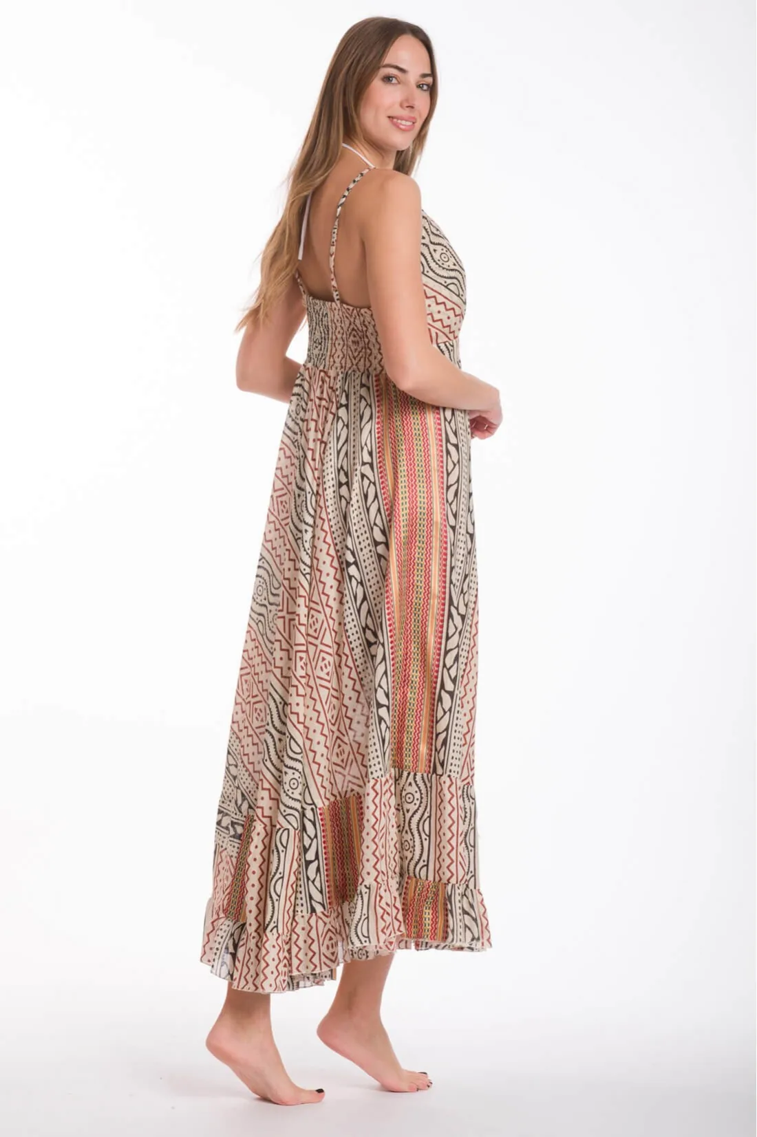 Boho φορεμα βαμβακερο με σφιγγοφωλια στην πλατη - Μπέζ φόρεμα παραλίας από βαμβακερό για καλοκαιρινές resort εμφανίσεις