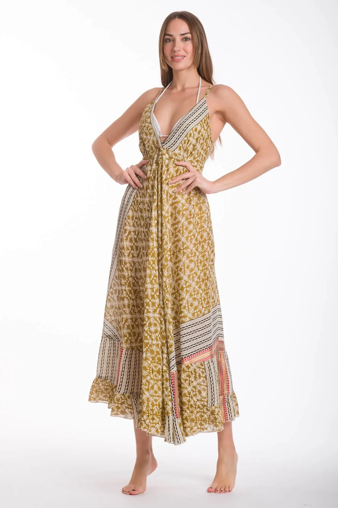 Boho φορεμα βαμβακερο με σφιγγοφωλια στην πλατη - Μπέζ παρεό παραλίας από βαμβακερό για καλοκαιρινές resort εμφανίσεις
