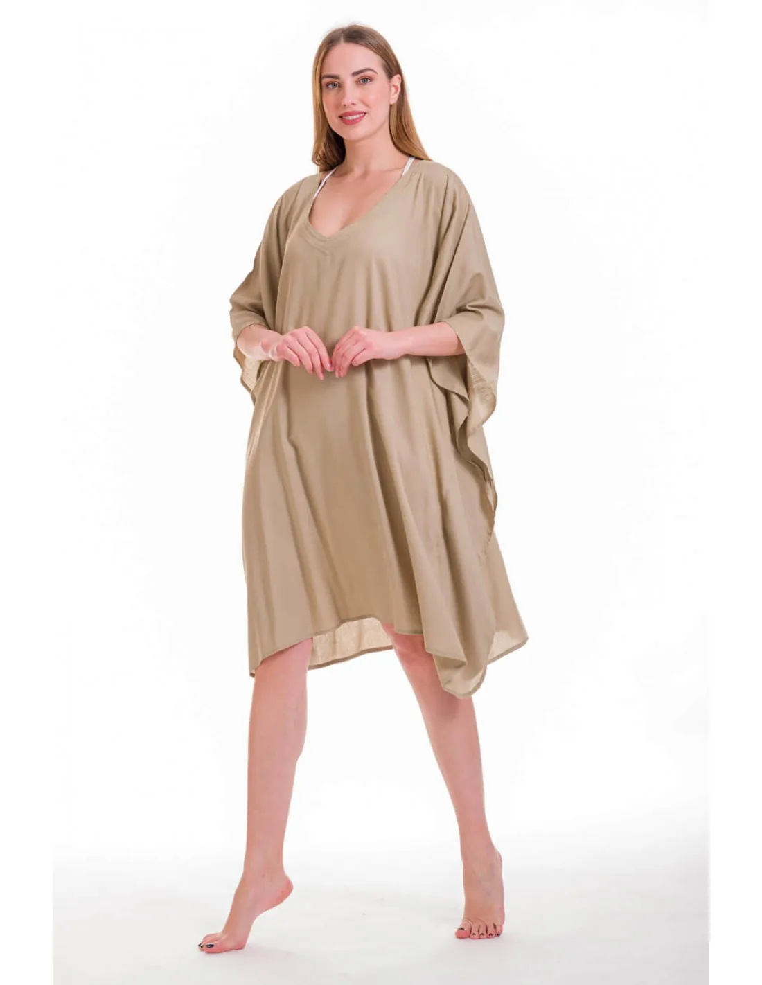 Μπέζ καφτανι μονοχρωμο midi viscose - παρεό παραλίας από βισκόζ για καλοκαιρινές resort εμφανίσεις