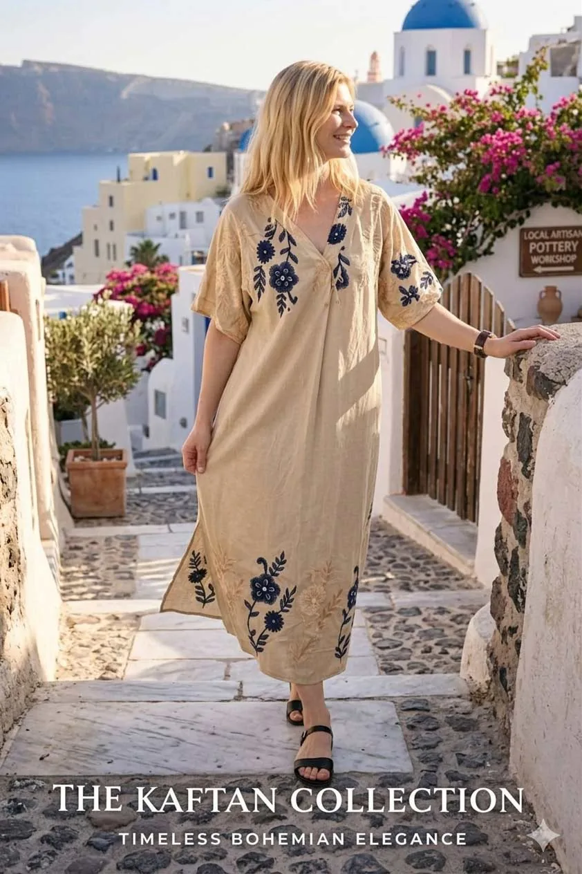 Μπεζ μονοχρωμο βισκοζ - λινο resort wear καφτάνι με κεντημα - Μπέζ παρεό παραλίας από βισκόζ για καλοκαιρινές resort εμφανίσεις