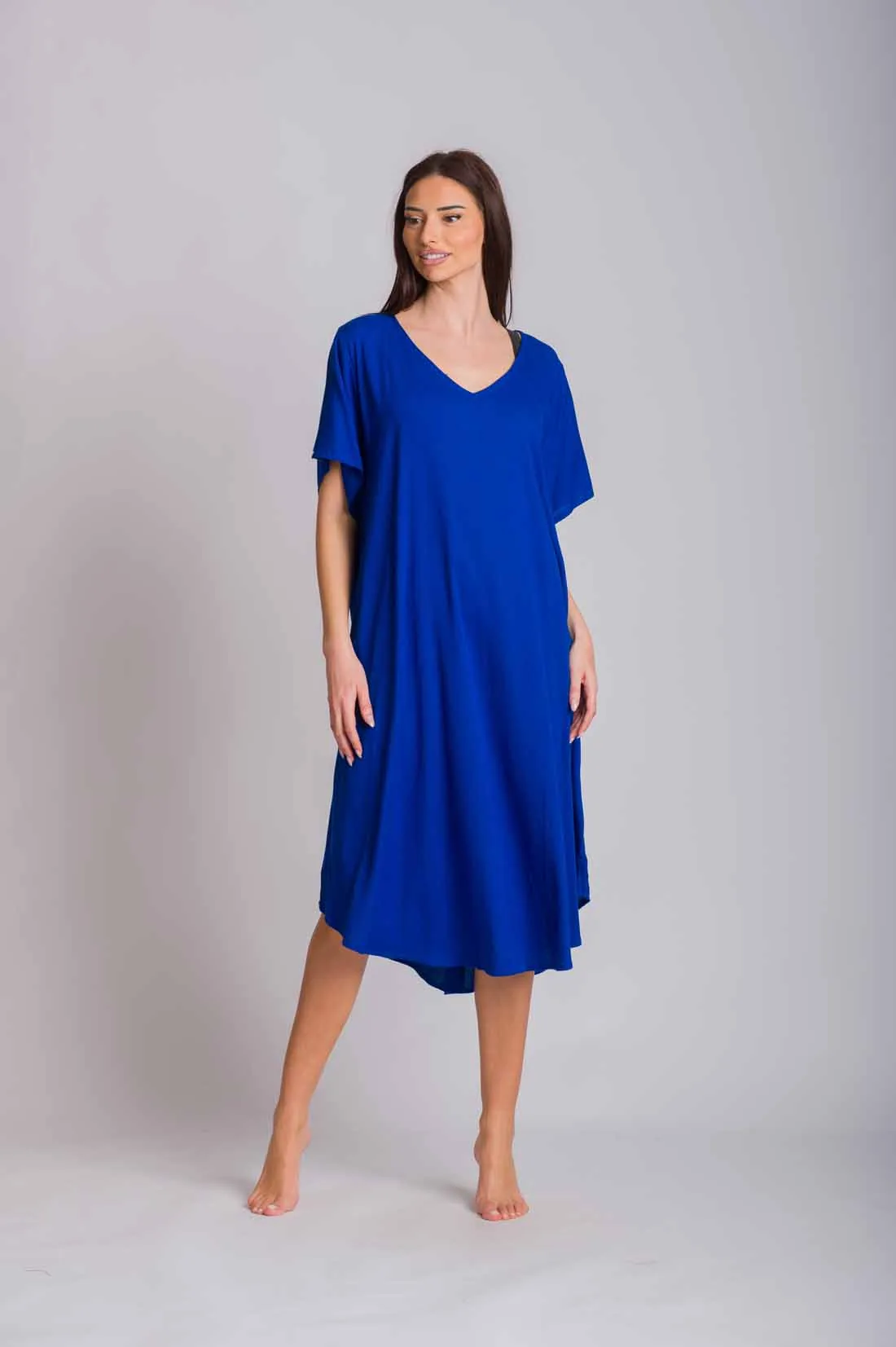 Μπλε φορεμα viscose crincle oval με κοντο μανικι - Μπλέ φόρεμα παραλίας για καλοκαιρινές resort εμφανίσεις