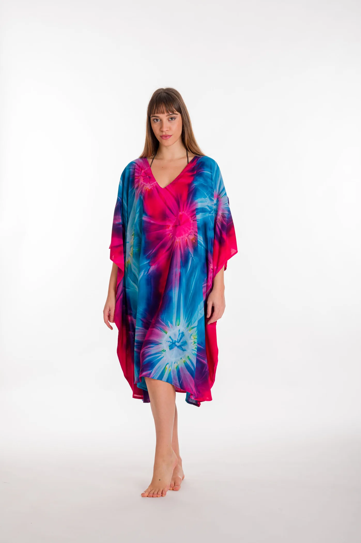 Καφτανι midi βισκοζ tie dye εκρηξη - Μπλέ;Φούξια παρεό παραλίας από βισκόζ για καλοκαιρινές resort εμφανίσεις