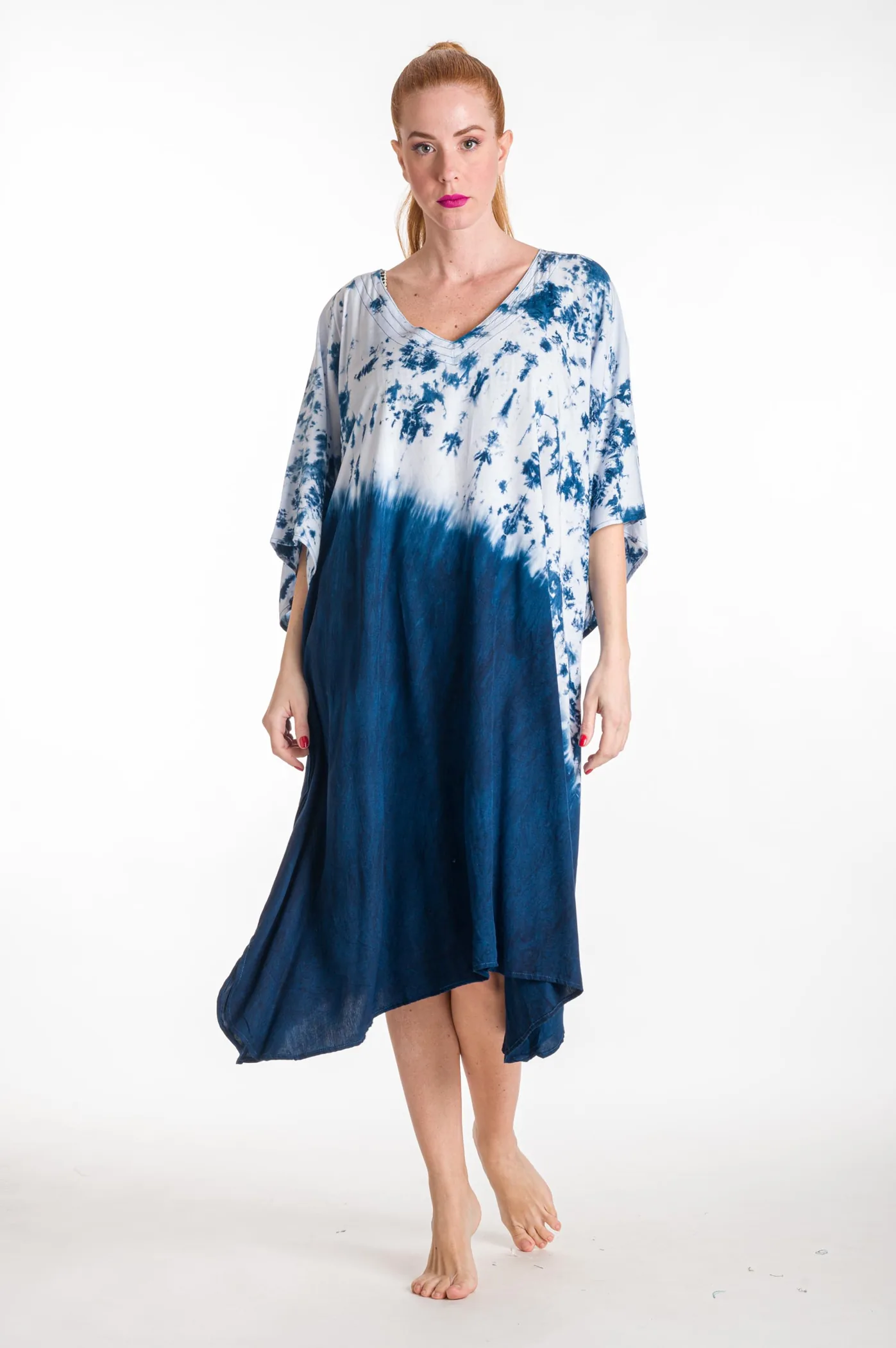 Καφτανι midi βισκοζ tie dye - Μπλέ παρεό παραλίας από βισκόζ για καλοκαιρινές resort εμφανίσεις
