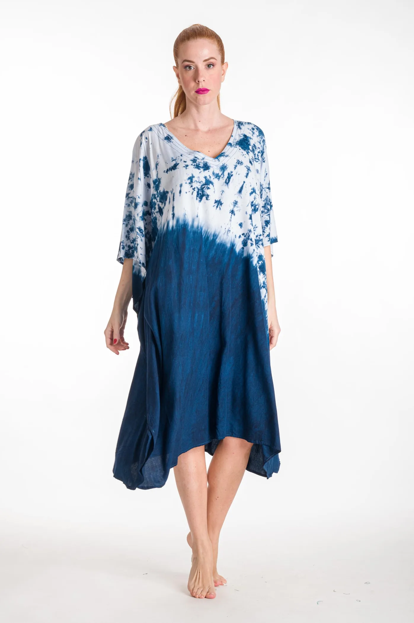 Καφτανι midi βισκοζ tie dye - Μπλέ καφτάνι παραλίας από βισκόζ για καλοκαιρινές resort εμφανίσεις