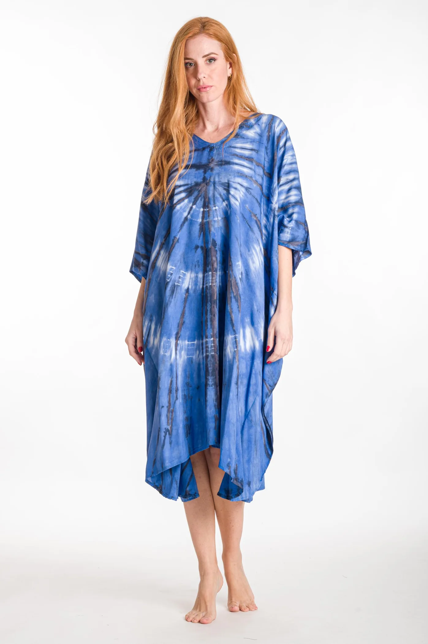 Καφτανι midi βισκοζ tie dye - Μπλέ παρεό παραλίας από βισκόζ για καλοκαιρινές resort εμφανίσεις