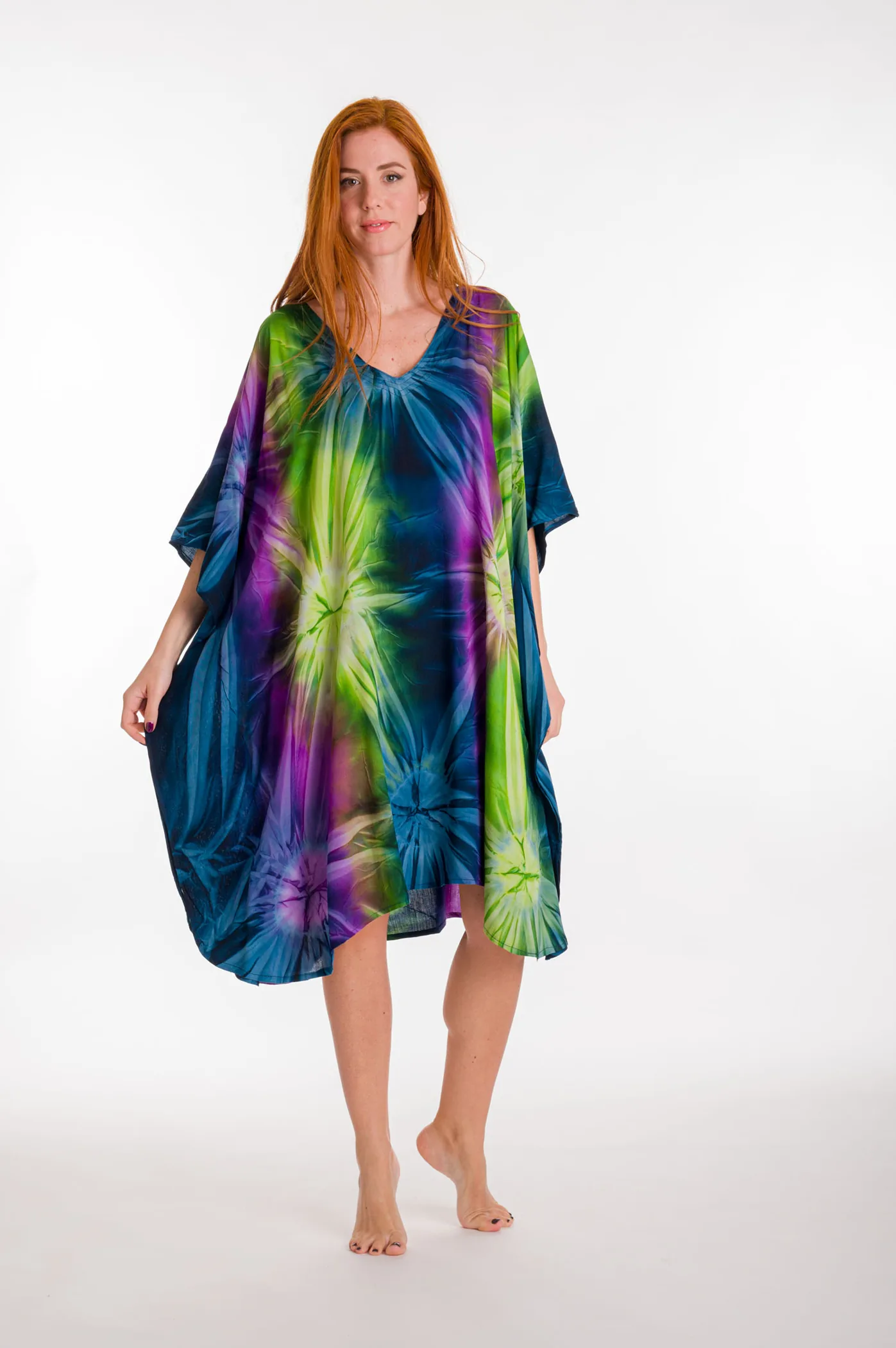 Καφτανι midi βισκοζ tie dye εκρηξη - Μπλέ;Μώβ;Πορτοκαλί;Πράσινο παρεό παραλίας από βισκόζ για καλοκαιρινές resort εμφανίσεις