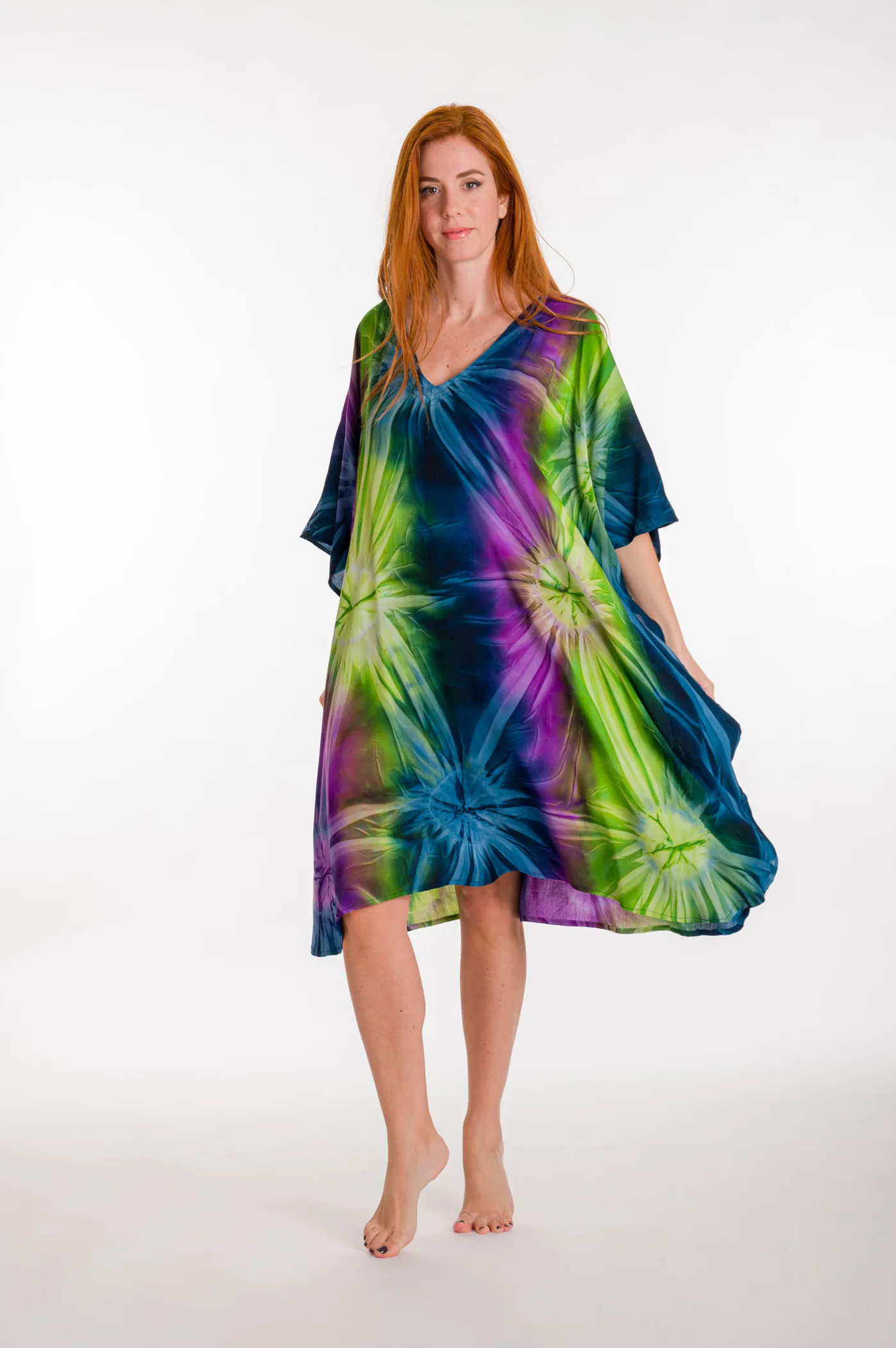 Καφτανι midi βισκοζ tie dye εκρηξη - Μπλέ;Μώβ;Πορτοκαλί;Πράσινο καφτάνι παραλίας από βισκόζ για καλοκαιρινές resort εμφανίσεις