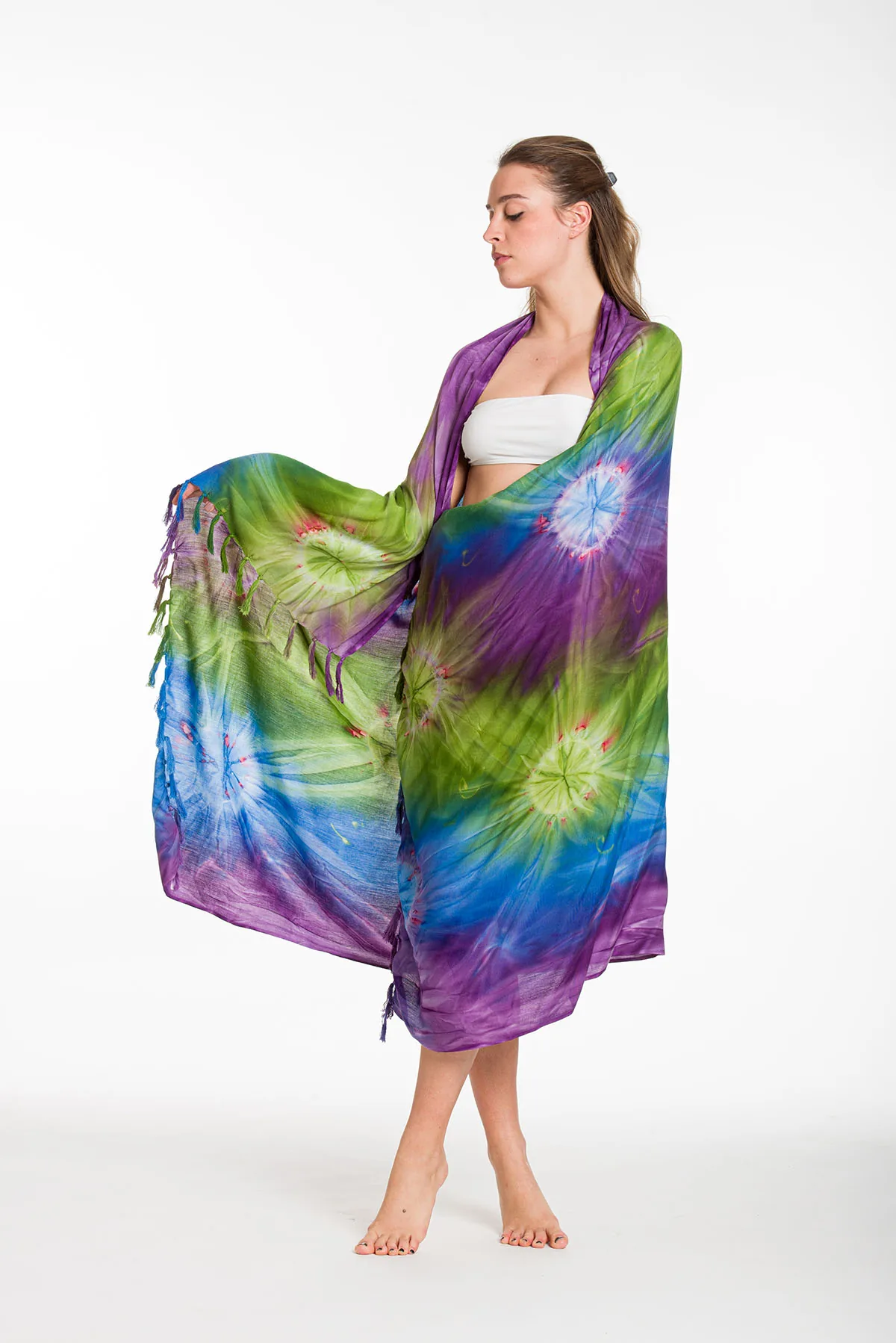 Παρεο βισκοζ tie dye εκρηξη με κροσσια - Μπλέ;Μώβ;Πράσινο παρεό παραλίας για καλοκαιρινές resort εμφανίσεις