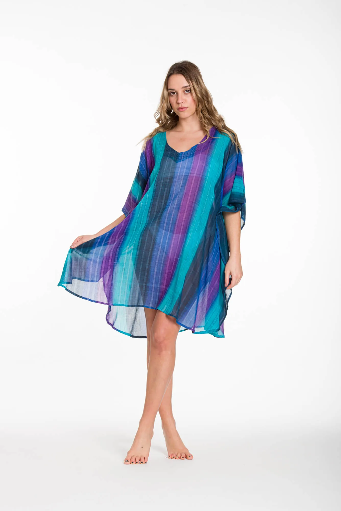 Ποντσο tie dye ριγε βαμβακερο - Μπλέ;Μώβ;Ράφ;Τυρκουάζ παρεό παραλίας από βαμβακερό για καλοκαιρινές resort εμφανίσεις
