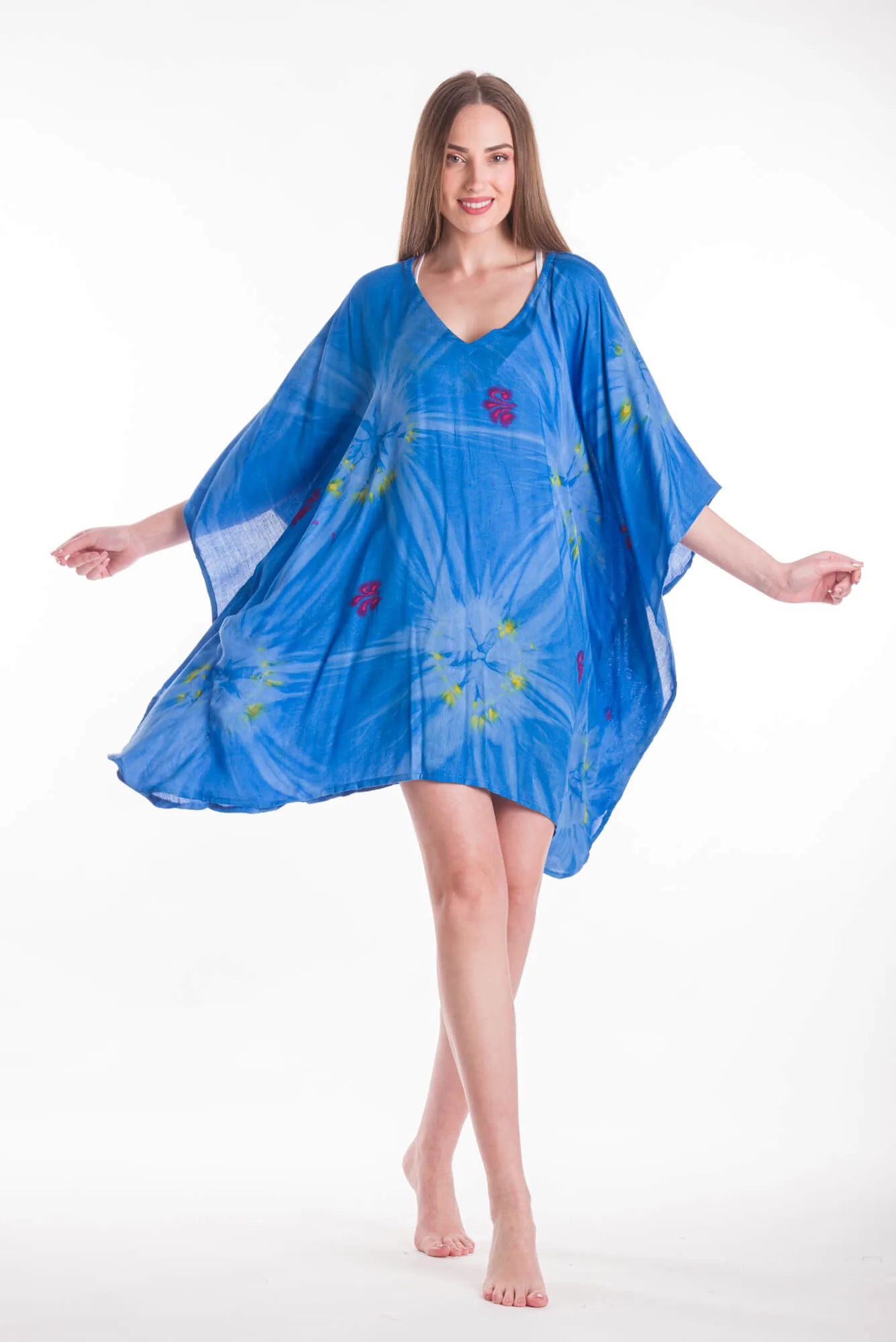 Ποντσο βισκοζ tie dye εκρηξη - Μπλέ πόντσο παραλίας από βισκόζ για καλοκαιρινές resort εμφανίσεις