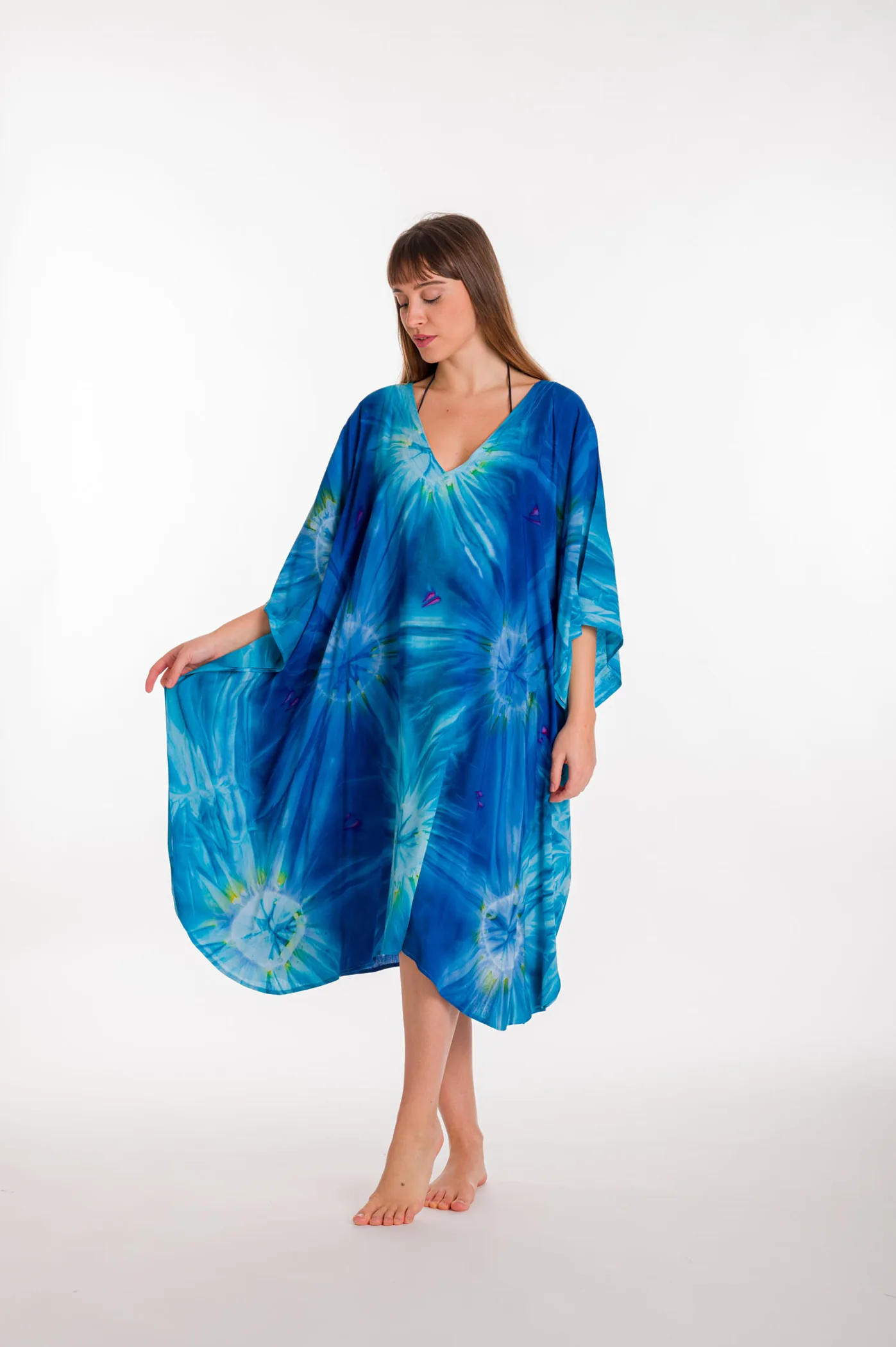 Ποντσο βισκοζ tie dye εκρηξη - Μπλέ καφτάνι παραλίας από βισκόζ για καλοκαιρινές resort εμφανίσεις