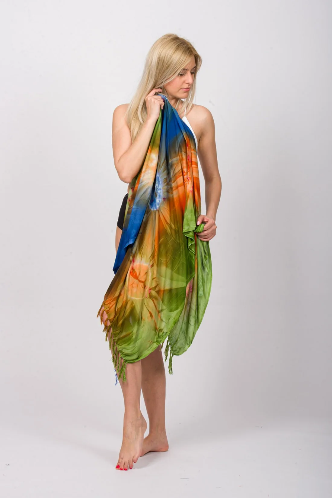 Παρεο βισκοζ tie dye εκρηξη με κροσσια - Μπλέ;Πορτοκαλί;Πράσινο παρεό παραλίας για καλοκαιρινές resort εμφανίσεις