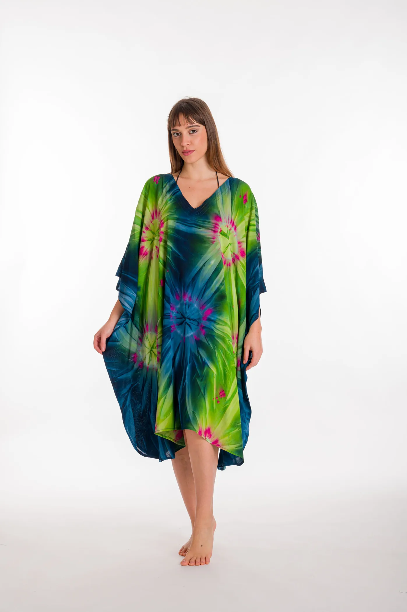 Καφτανι midi βισκοζ tie dye εκρηξη - Μπλέ;Πράσινο παρεό παραλίας από βισκόζ για καλοκαιρινές resort εμφανίσεις