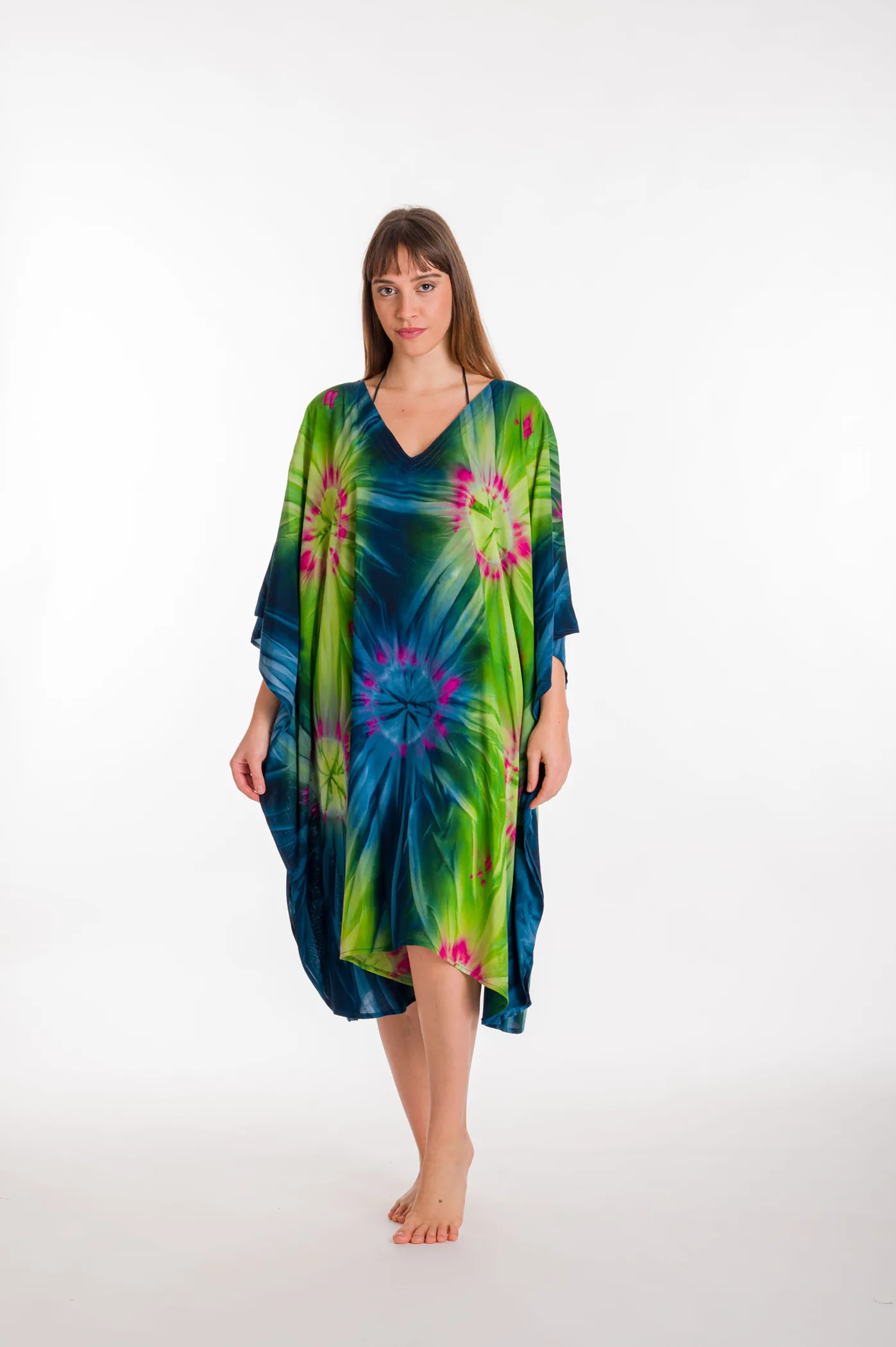 Καφτανι midi βισκοζ tie dye εκρηξη - Μπλέ;Πράσινο καφτάνι παραλίας από βισκόζ για καλοκαιρινές resort εμφανίσεις