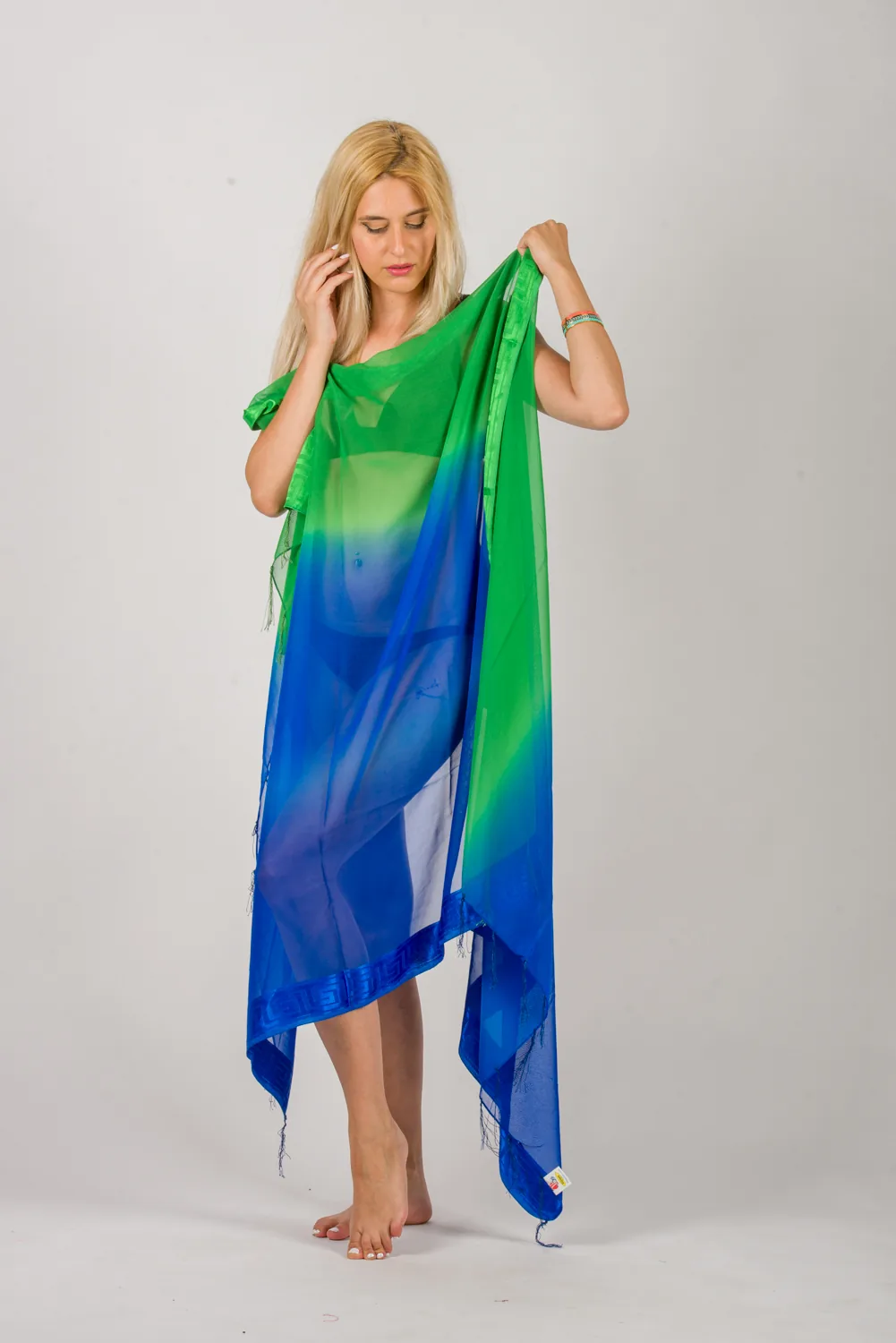Παρεο chiffon με κεντημα μαιανδρο στην πλεξη - Μπλέ;Πράσινο παρεό παραλίας για καλοκαιρινές resort εμφανίσεις