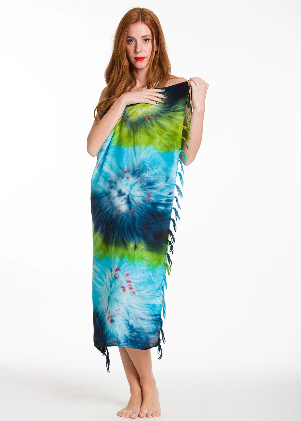 Παρεο βισκοζ tie dye εκρηξη με κροσσια - Μπλέ;Πράσινο παρεό παραλίας για καλοκαιρινές resort εμφανίσεις