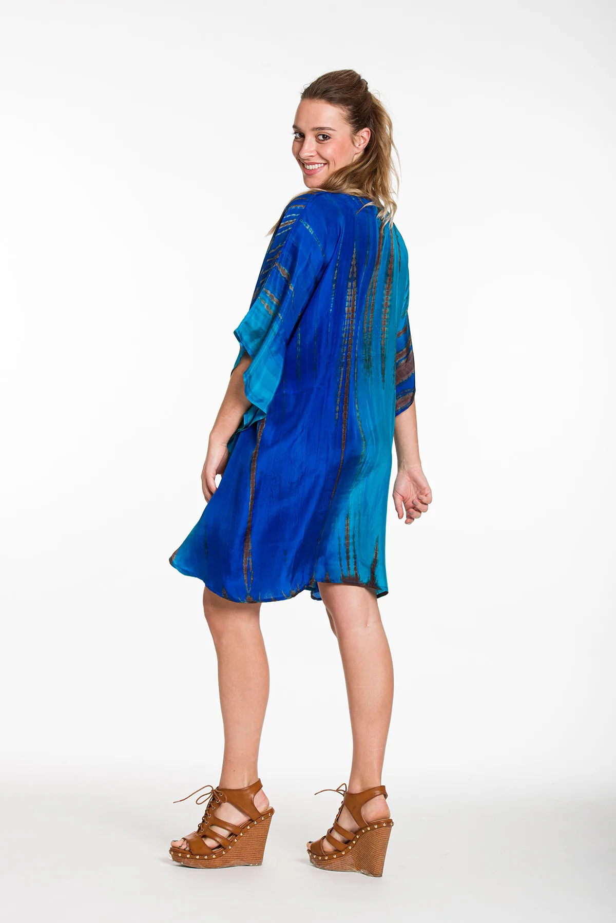 Καφτανι midi μεταξωτο 100% tie dye με aduster - Μπλέ;Τυρκουάζ καφτάνι παραλίας για καλοκαιρινές resort εμφανίσεις