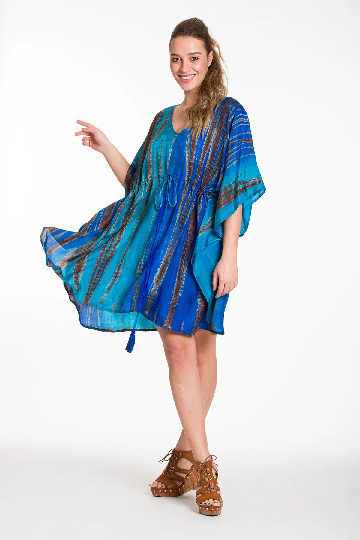 Καφτανι midi μεταξωτο 100% tie dye με aduster - Μπλέ;Τυρκουάζ καφτάνι παραλίας για καλοκαιρινές resort εμφανίσεις