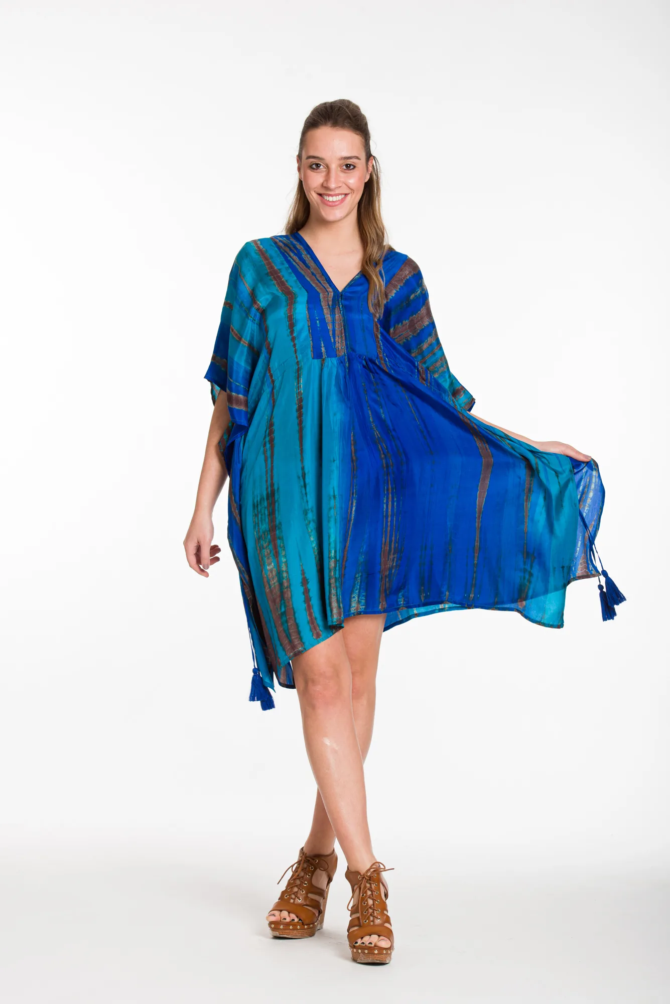 Καφτανι midi μεταξωτο 100% tie dye με κρυφο aduster στις πλαινες - Μπλέ;Τυρκουάζ παρεό παραλίας για καλοκαιρινές resort εμφανίσεις