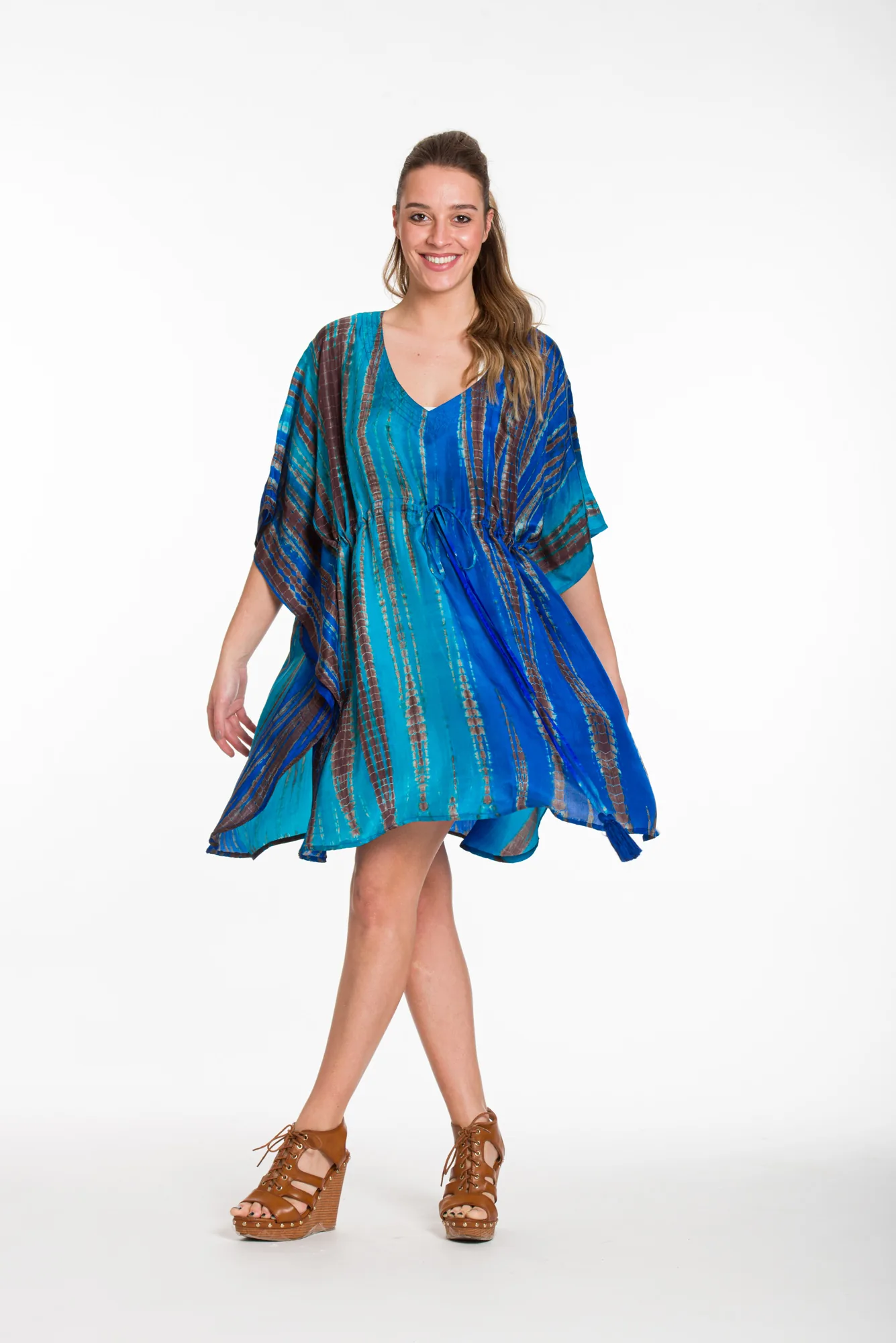 Καφτανι midi μεταξωτο tie dye με aduster - Μπλέ;Τυρκουάζ παρεό παραλίας για καλοκαιρινές resort εμφανίσεις