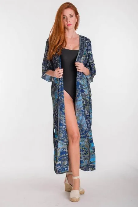 Κιμονο art. silk maxi με δεσιμο - Μπλέ;Τυρκουάζ παρεό παραλίας για καλοκαιρινές resort εμφανίσεις