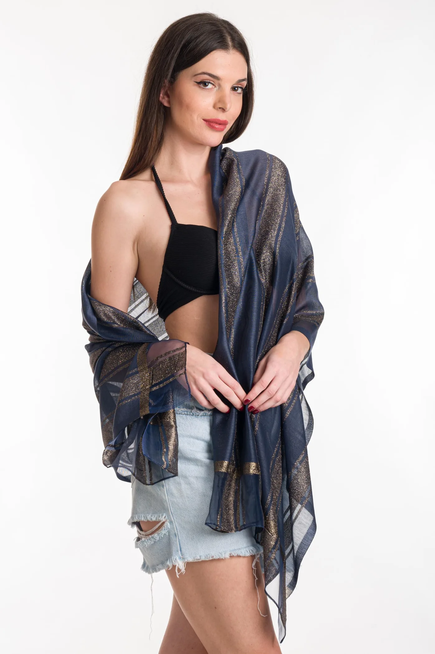 Εσαρπα μεταλιζε - Navy Blue;Χρυσό παρεό παραλίας για καλοκαιρινές resort εμφανίσεις