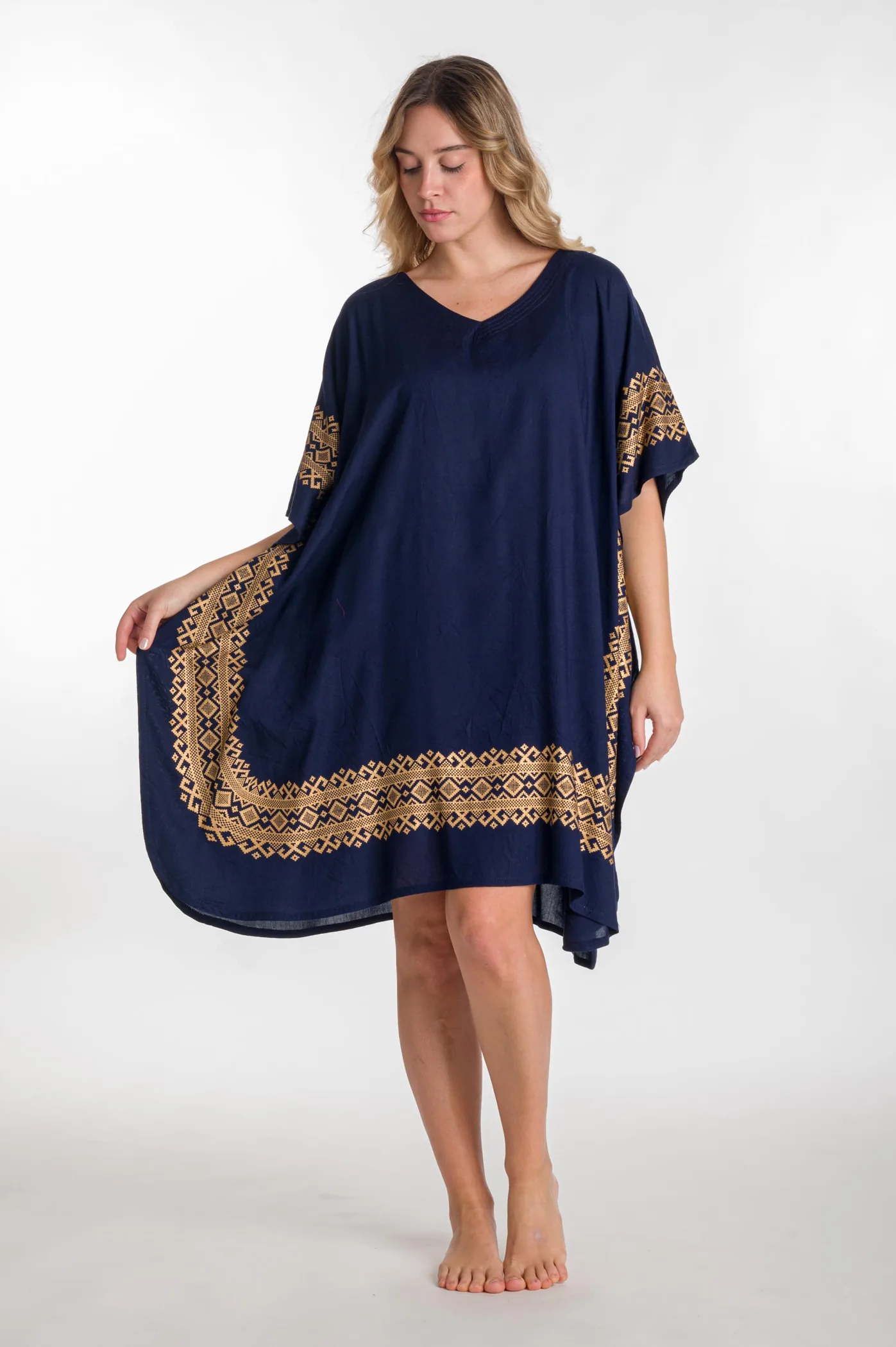 Καφτανι midi βισκοζ με χρυσοτυπια - Navy Blue;Χρυσό καφτάνι παραλίας από βισκόζ για καλοκαιρινές resort εμφανίσεις