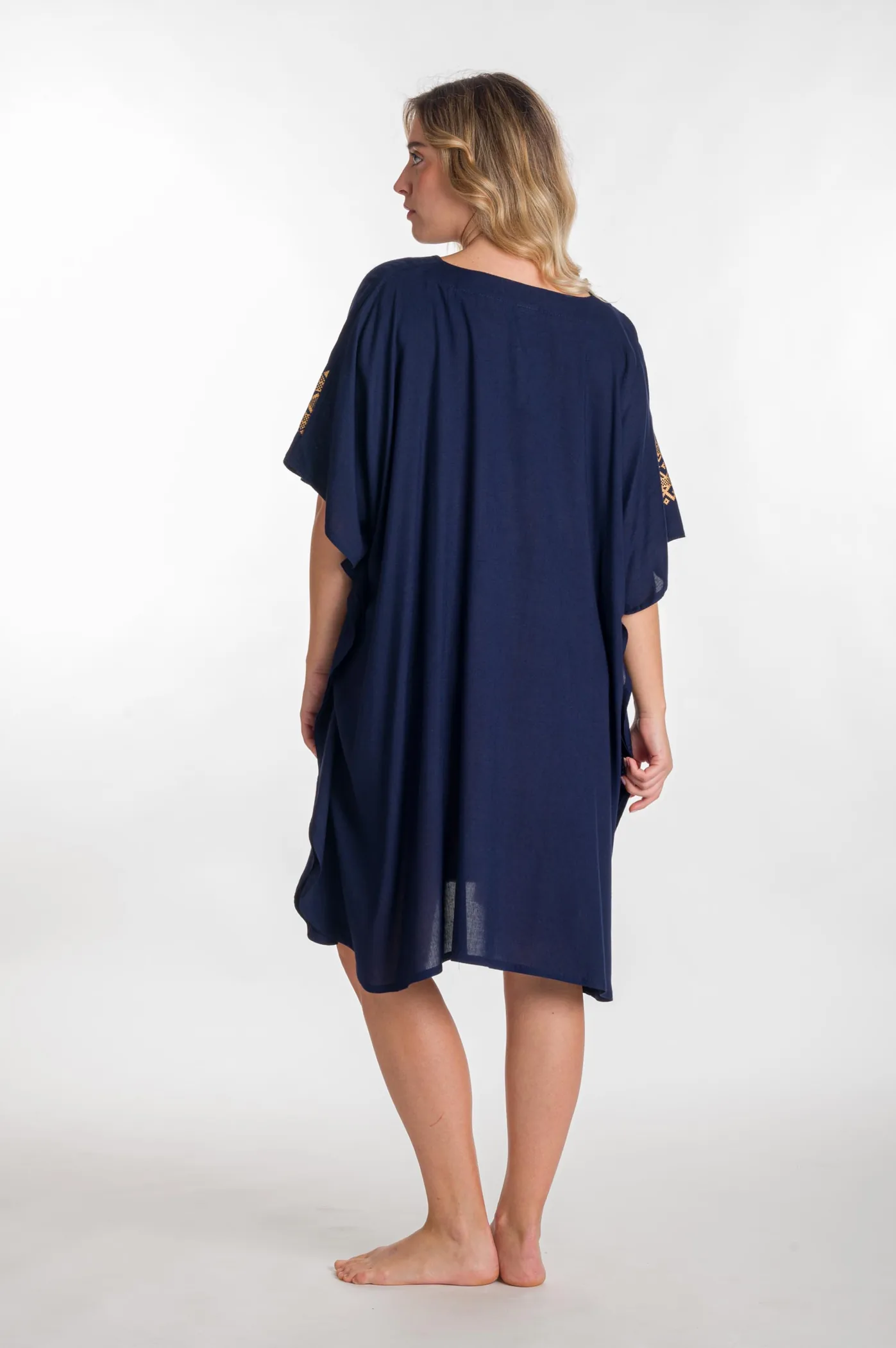 Καφτανι midi βισκοζ με χρυσοτυπια - Navy Blue;Χρυσό καφτάνι παραλίας από βισκόζ για καλοκαιρινές resort εμφανίσεις