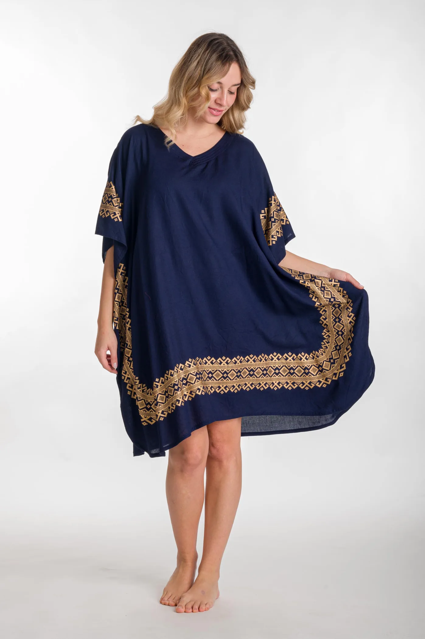 Καφτανι midi βισκοζ με χρυσοτυπια - Navy Blue;Χρυσό καφτάνι παραλίας από βισκόζ για καλοκαιρινές resort εμφανίσεις
