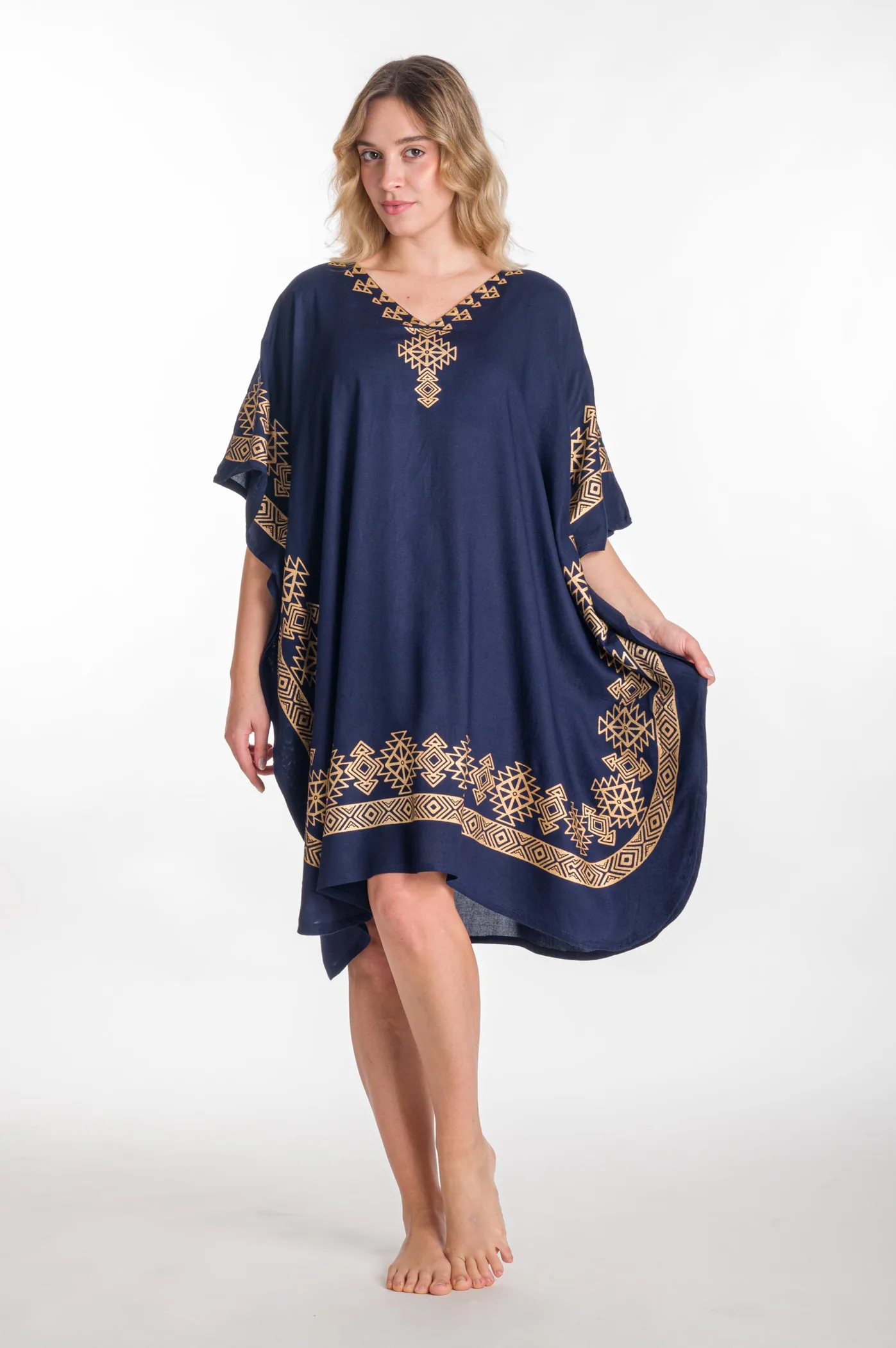 Καφτανι midi βισκοζ με χρυσοτυπια - Navy Blue;Χρυσό παρεό παραλίας από βισκόζ για καλοκαιρινές resort εμφανίσεις