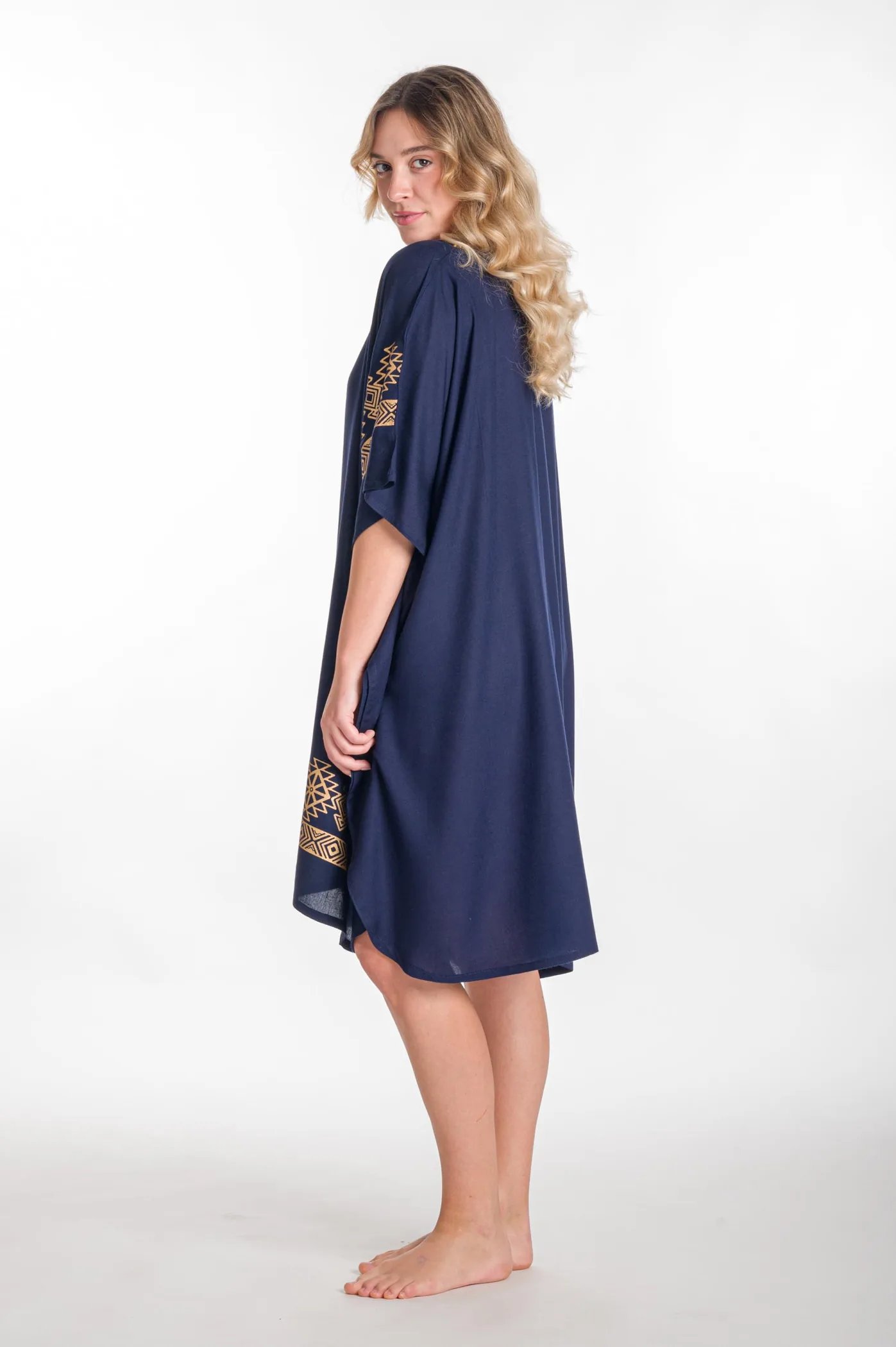 Καφτανι midi βισκοζ με χρυσοτυπια - Navy Blue;Χρυσό καφτάνι παραλίας από βισκόζ για καλοκαιρινές resort εμφανίσεις