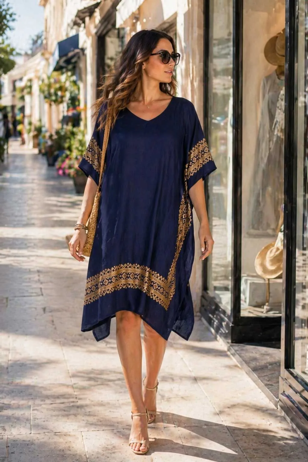Navy blue καφτάνι κοντο βισκοζ με χρυσοτυπια - Navy Blue;Χρυσό παρεό παραλίας από βισκόζ για καλοκαιρινές resort εμφανίσεις