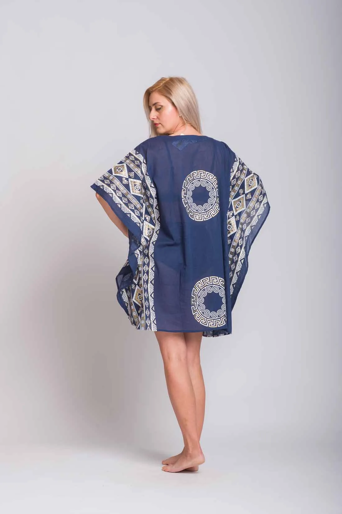 Navy blue ποντσο βαμβακερο χρυσοτυπια μαιανδρος - Navy Blue;Χρυσό πόντσο παραλίας από βαμβακερό για καλοκαιρινές resort εμφανίσεις