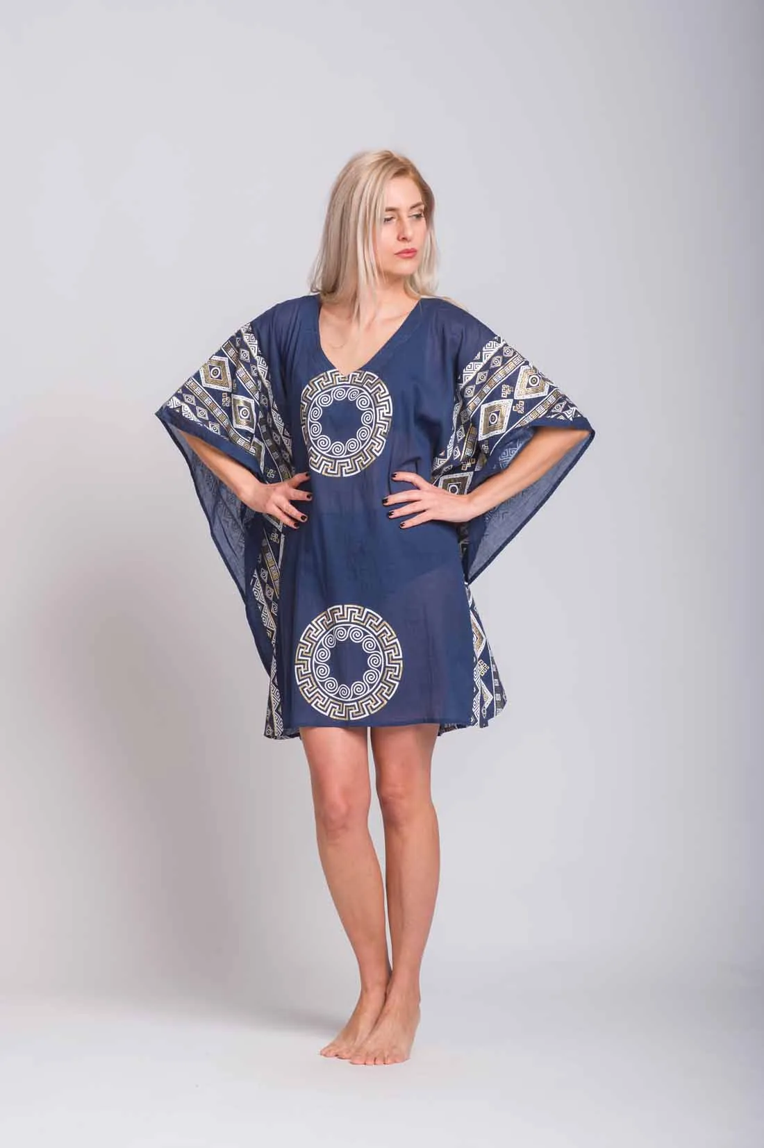 Navy blue ποντσο βαμβακερο χρυσοτυπια μαιανδρος - Navy Blue;Χρυσό πόντσο παραλίας από βαμβακερό για καλοκαιρινές resort εμφανίσεις