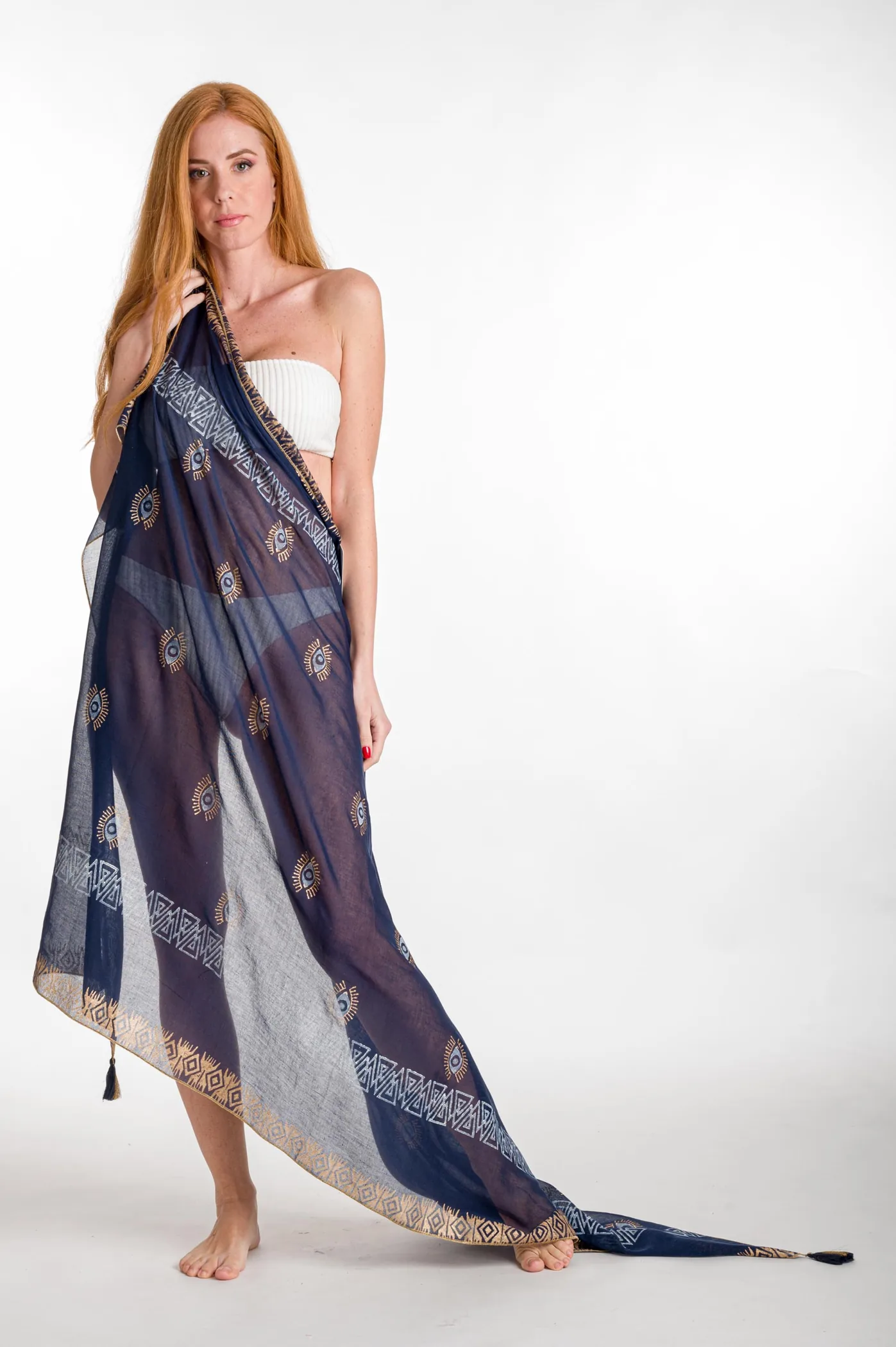 Παρεο βαμβακερο me φουντες και χρυσοτυπια - Navy Blue;Χρυσό παρεό παραλίας για καλοκαιρινές resort εμφανίσεις