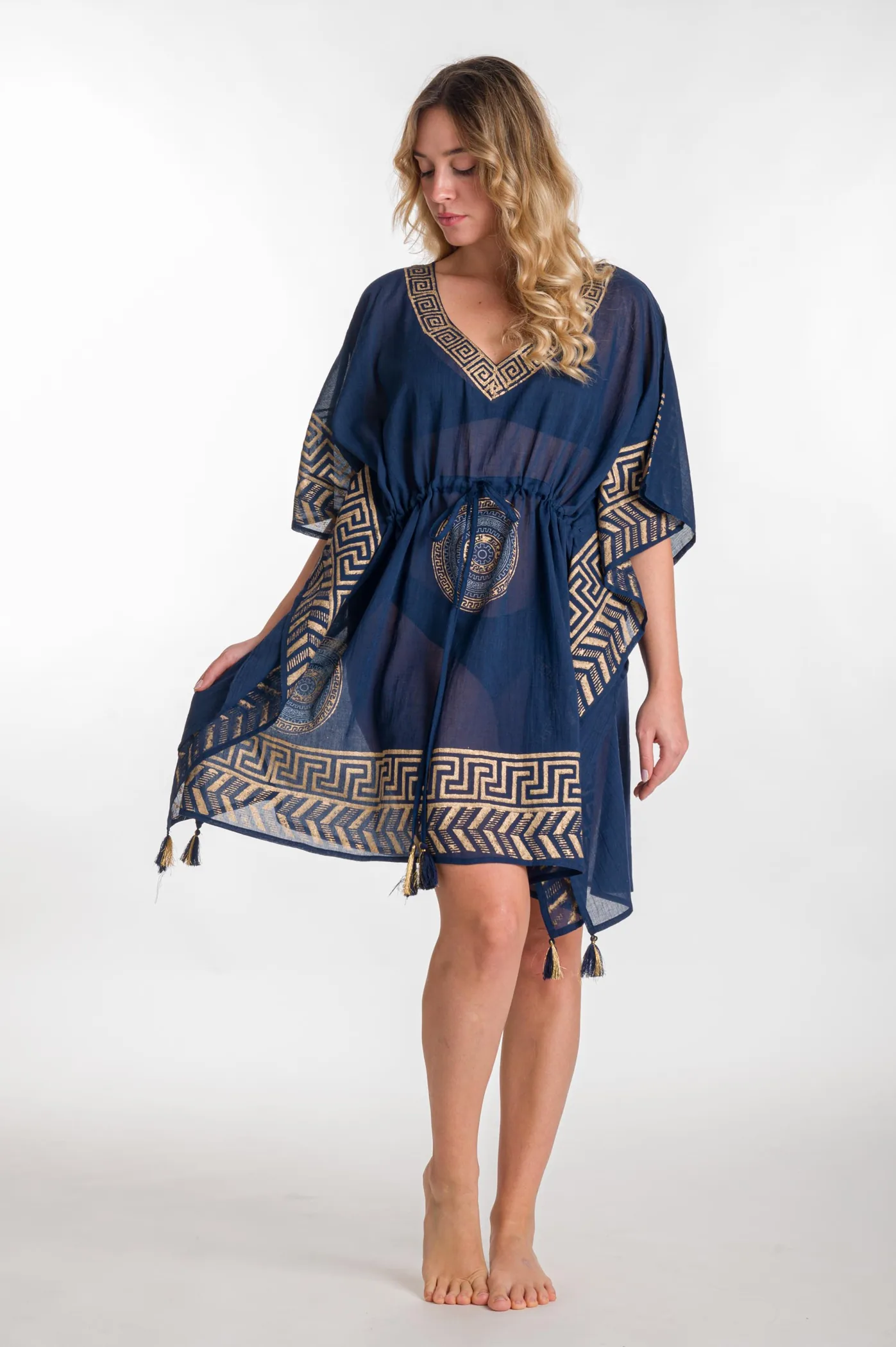 Ποντσο βαμβακερο χρυσοτυπια μαιανδρος - Navy Blue;Χρυσό παρεό παραλίας από βαμβακερό για καλοκαιρινές resort εμφανίσεις