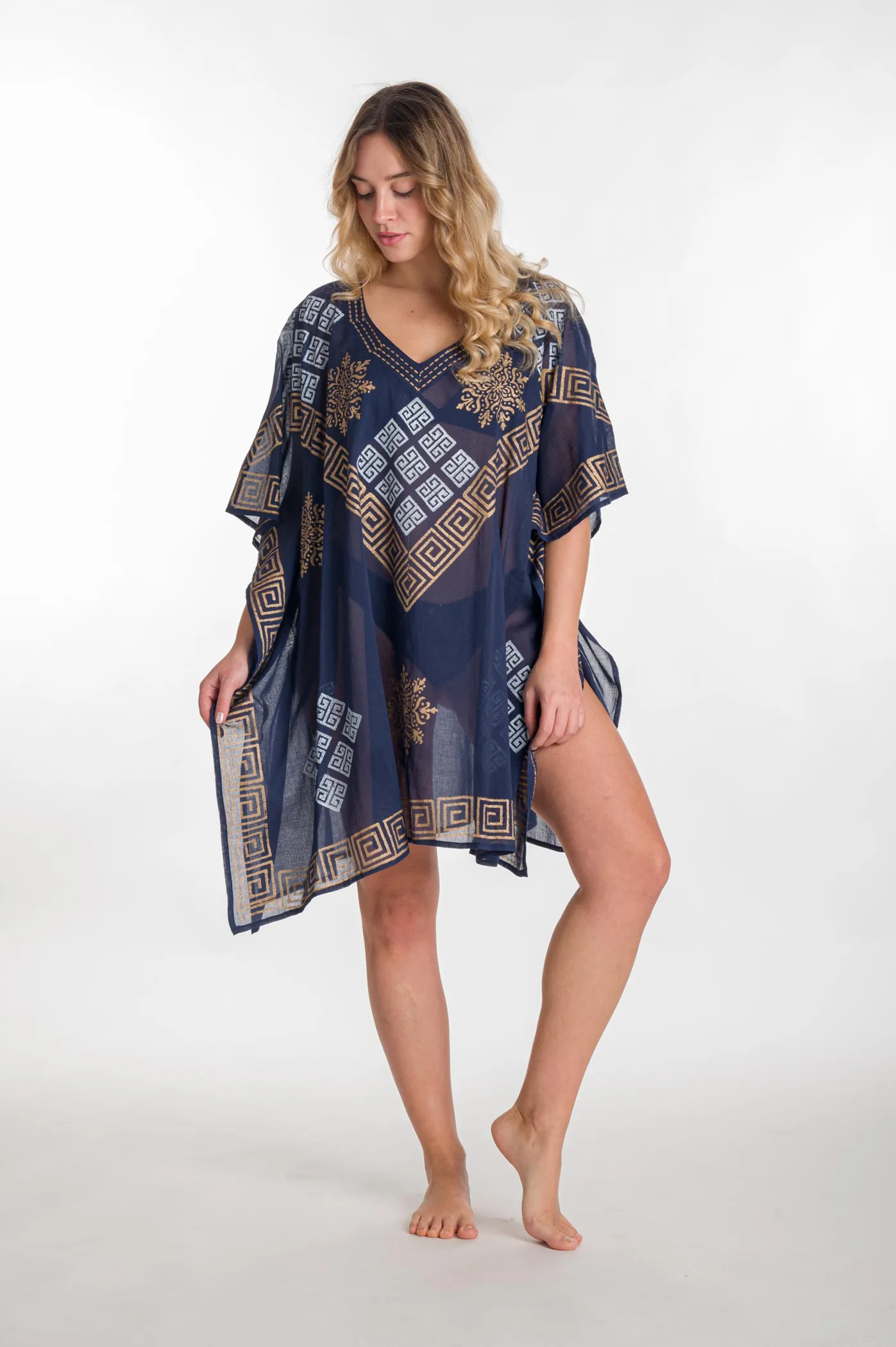 Ποντσο βαμβακερο χρυσοτυπια μαιανδρος - Navy Blue;Χρυσό παρεό παραλίας από βαμβακερό για καλοκαιρινές resort εμφανίσεις