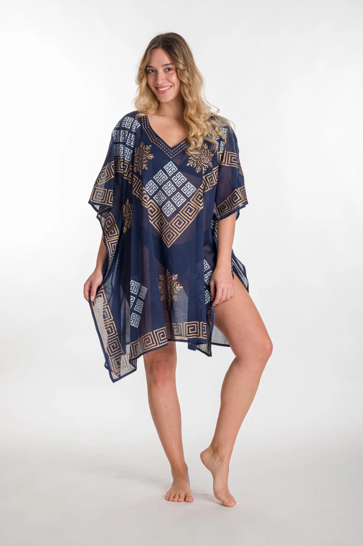 Ποντσο βαμβακερο χρυσοτυπια μαιανδρος - Navy Blue;Χρυσό πόντσο παραλίας από βαμβακερό για καλοκαιρινές resort εμφανίσεις