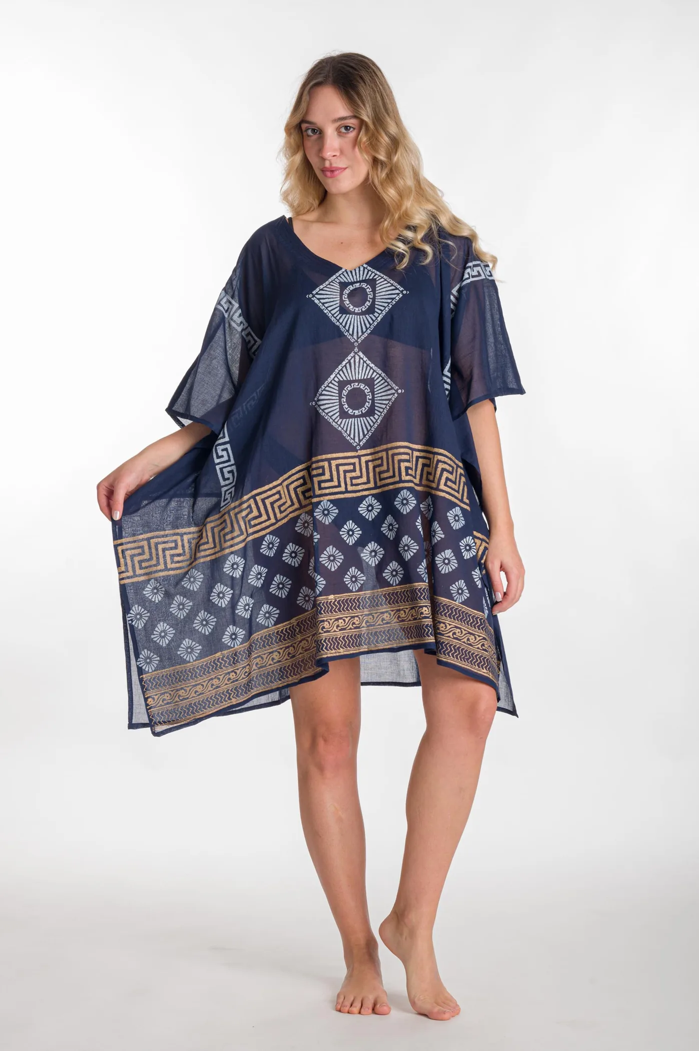 Ποντσο βαμβακερο χρυσοτυπια μαιανδρος - Navy Blue;Χρυσό παρεό παραλίας από βαμβακερό για καλοκαιρινές resort εμφανίσεις