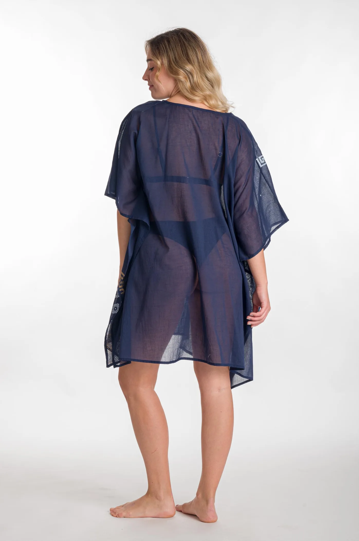 Ποντσο βαμβακερο χρυσοτυπια μαιανδρος - Navy Blue;Χρυσό πόντσο παραλίας από βαμβακερό για καλοκαιρινές resort εμφανίσεις