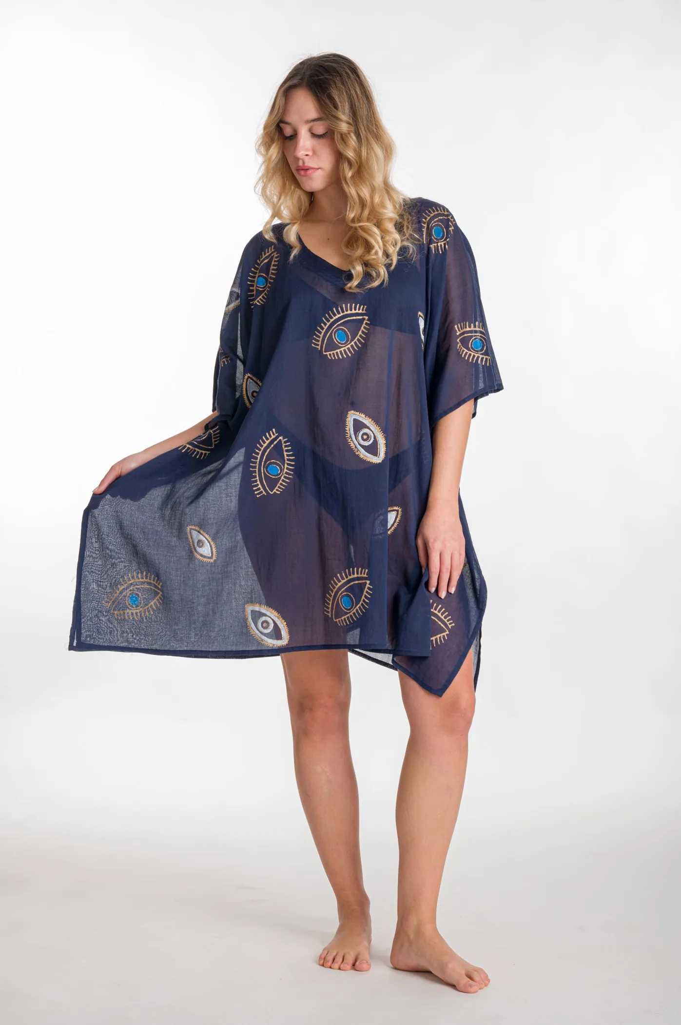 Ποντσο βαμβακερο χρυσοτυπια ματι - Navy Blue;Χρυσό παρεό παραλίας από βαμβακερό για καλοκαιρινές resort εμφανίσεις
