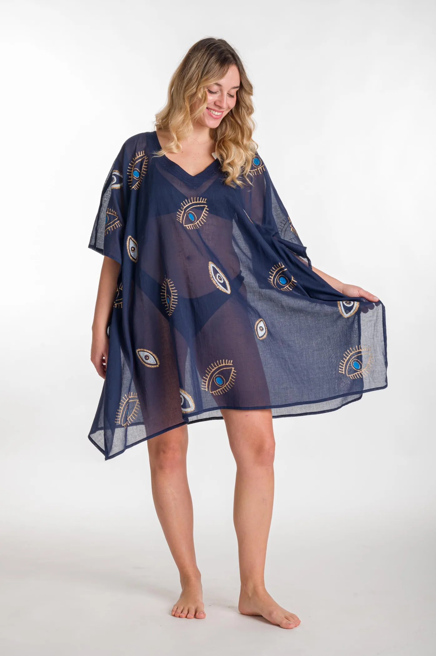 Ποντσο βαμβακερο χρυσοτυπια ματι - Navy Blue;Χρυσό πόντσο παραλίας από βαμβακερό για καλοκαιρινές resort εμφανίσεις