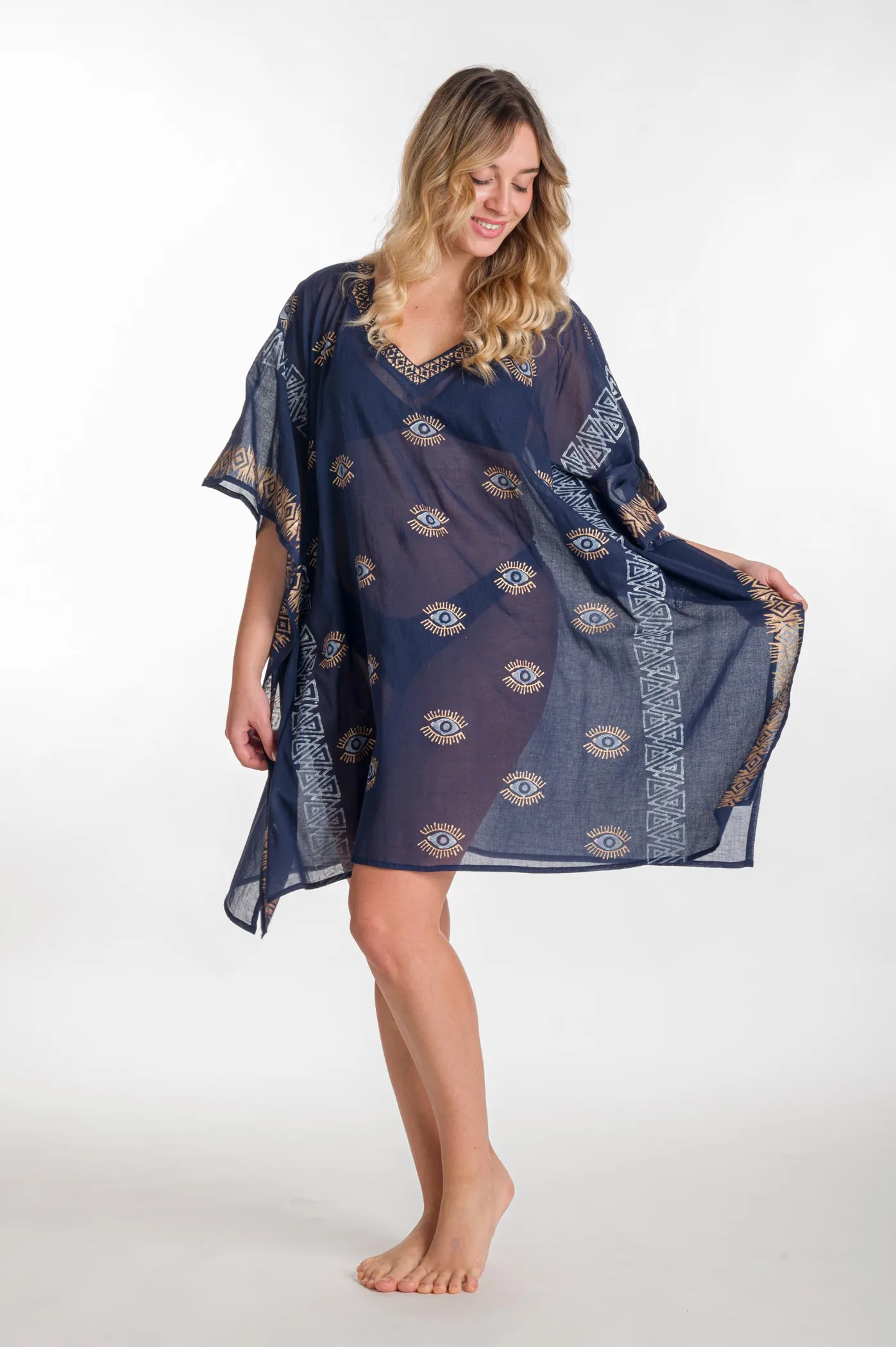Ποντσο βαμβακερο χρυσοτυπια ματι - Navy Blue;Χρυσό παρεό παραλίας από βαμβακερό για καλοκαιρινές resort εμφανίσεις