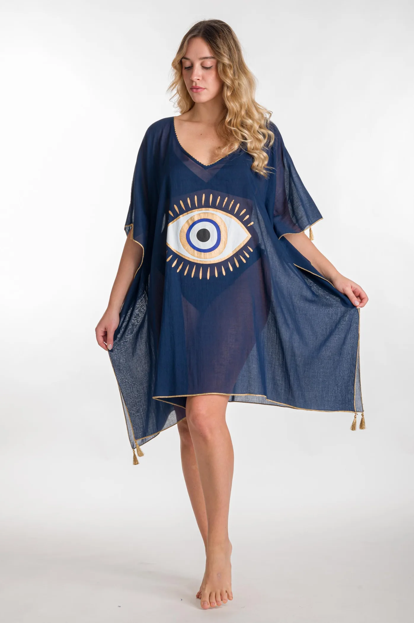Ποντσο βαμβακερο χρυσοτυπια ματι - Navy Blue;Χρυσό παρεό παραλίας από βαμβακερό για καλοκαιρινές resort εμφανίσεις