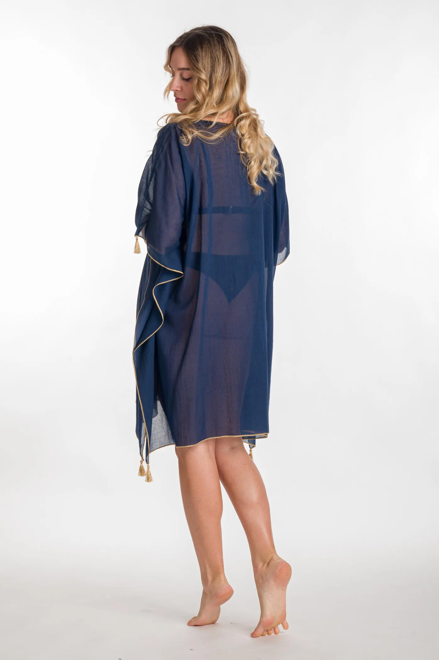 Ποντσο βαμβακερο χρυσοτυπια ματι - Navy Blue;Χρυσό πόντσο παραλίας από βαμβακερό για καλοκαιρινές resort εμφανίσεις