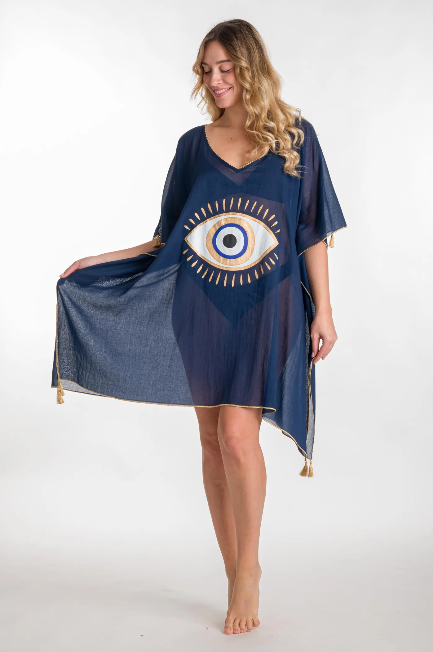 Ποντσο βαμβακερο χρυσοτυπια ματι - Navy Blue;Χρυσό πόντσο παραλίας από βαμβακερό για καλοκαιρινές resort εμφανίσεις