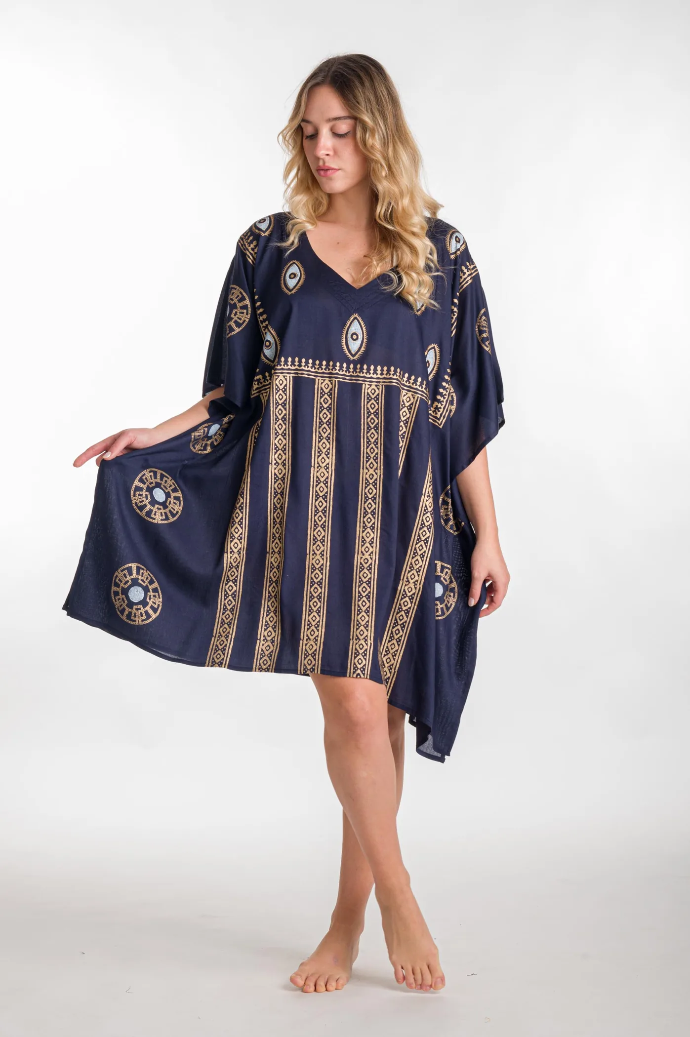 Ποντσο βαμβακερο χρυσοτυπια ματι - Navy Blue;Χρυσό παρεό παραλίας από βαμβακερό για καλοκαιρινές resort εμφανίσεις