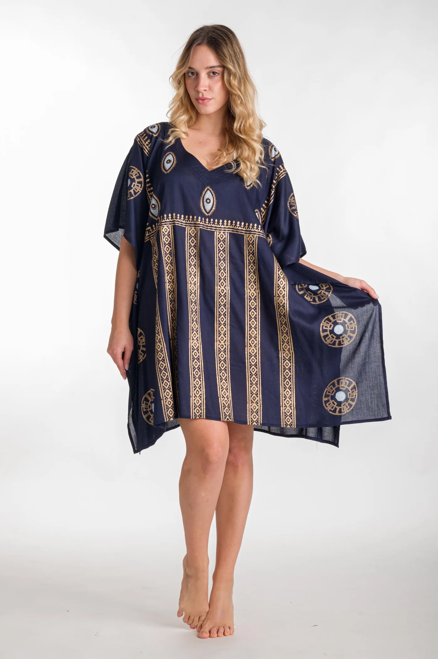 Ποντσο βαμβακερο χρυσοτυπια ματι - Navy Blue;Χρυσό πόντσο παραλίας από βαμβακερό για καλοκαιρινές resort εμφανίσεις