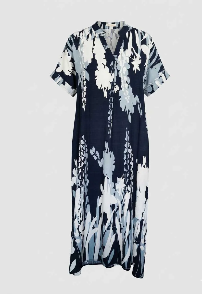 Navy blue floral resort wear καφτάνι - φορεμα βισκοζ με κοντο μανικι - φόρεμα παραλίας από βαμβάκι για καλοκαιρινές resort εμφανίσεις